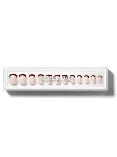 Wine red french manicure in short square shape,