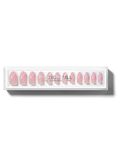 Swirl french manicure in pink, purple, blue, and white in almond shape,