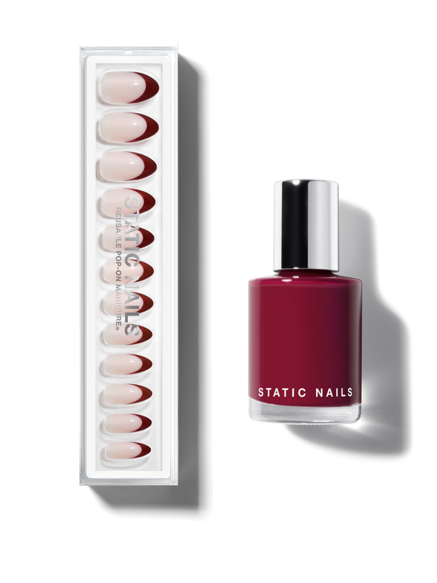 Wine red french manicure in almond shape, mani+pedi set