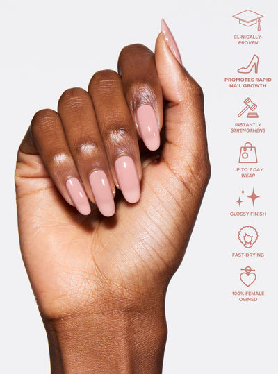 BARELY THERE 5-IN-1 RAPID GROWTH NAIL TREATMENTHand with pink nail polish on a white background with product features listed.