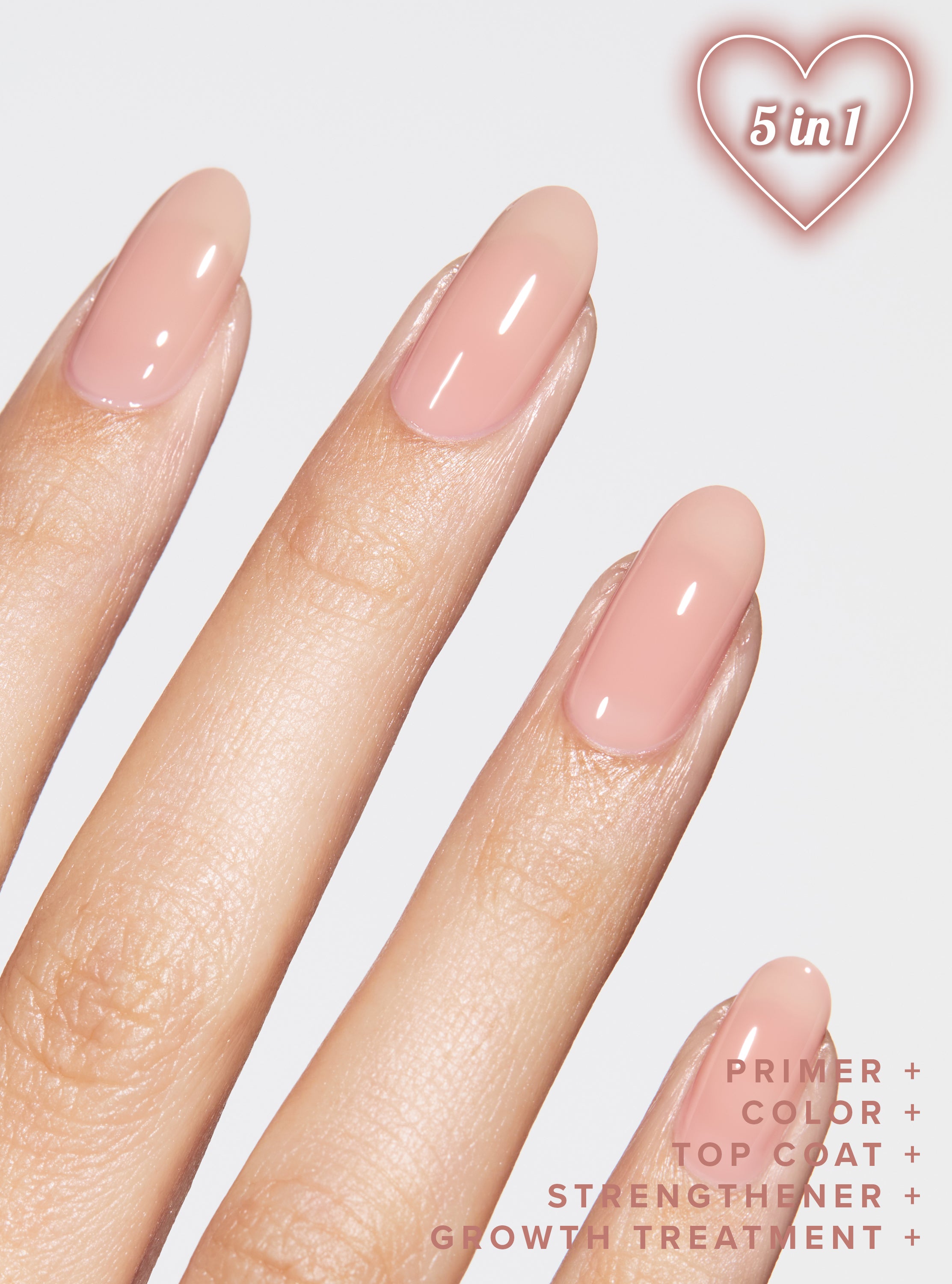 Nails with a pinkish-brown color on a light background, featuring text &