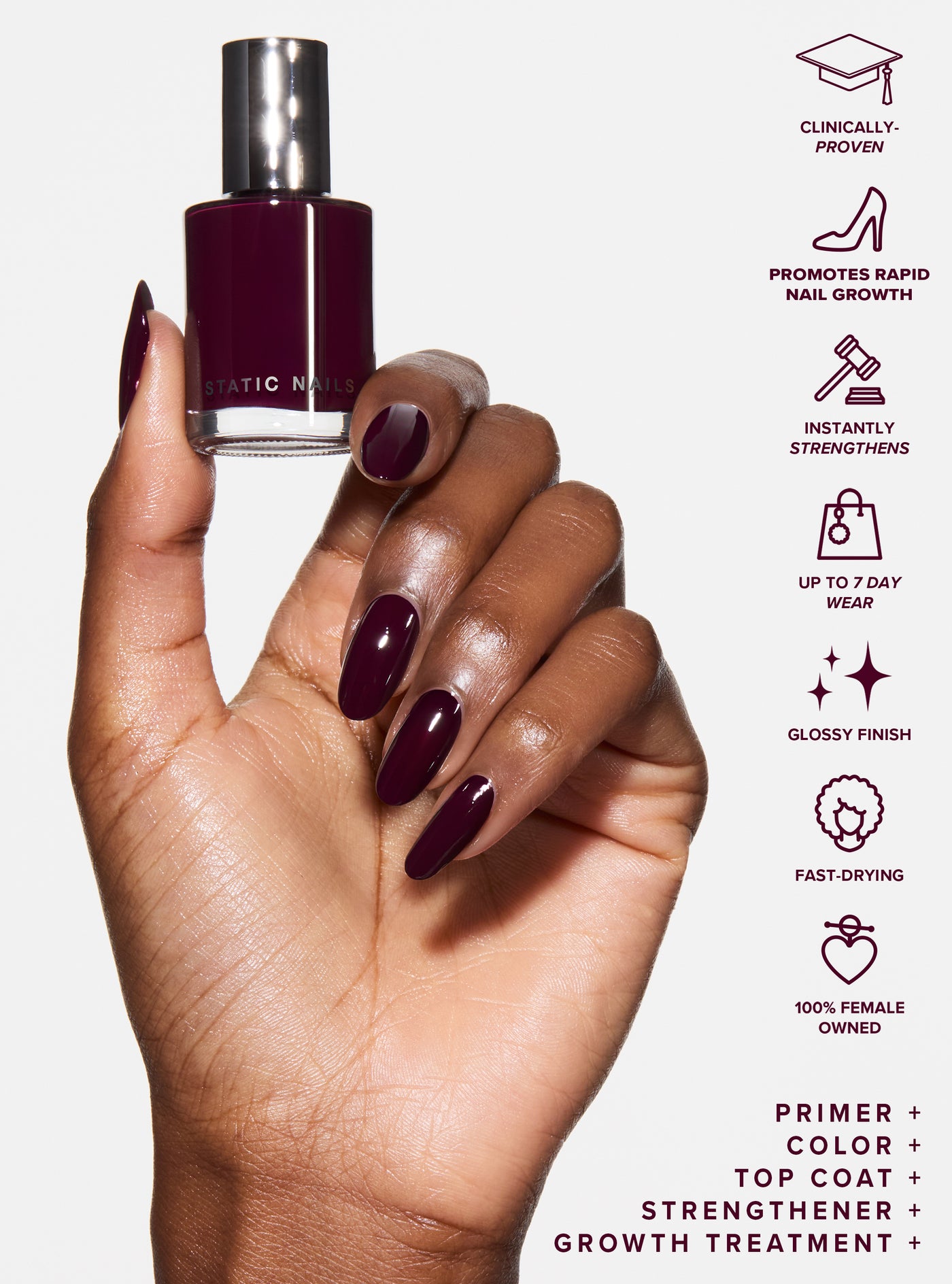 Dark plum drenched with rich cherry notes, full coverage, treatment nail strengthening lacquer