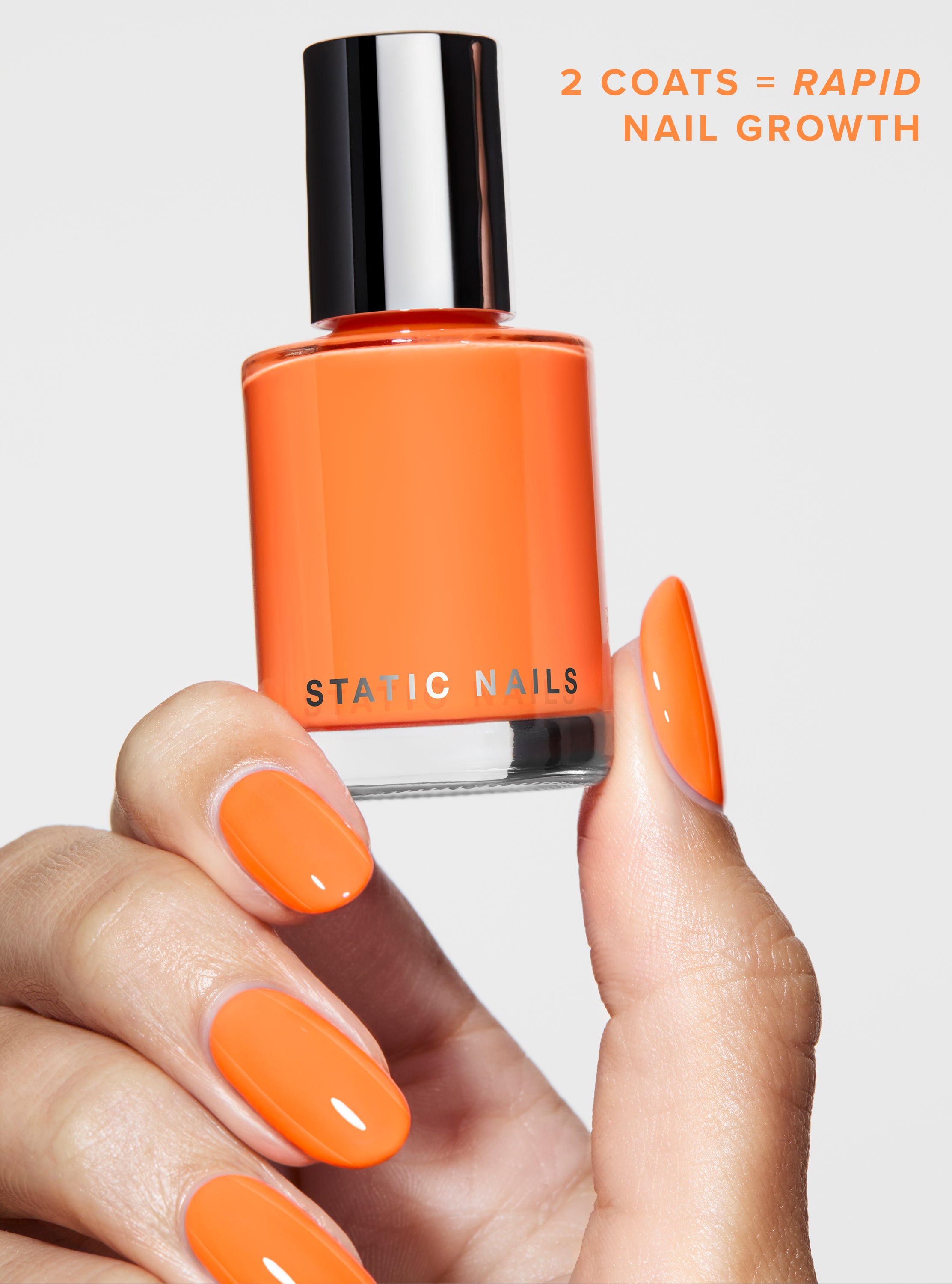 Best performing treatment nail polish, long lasting and clinically proven to create longer, stronger nails. One step nail polish. Neon orange summer nail polish