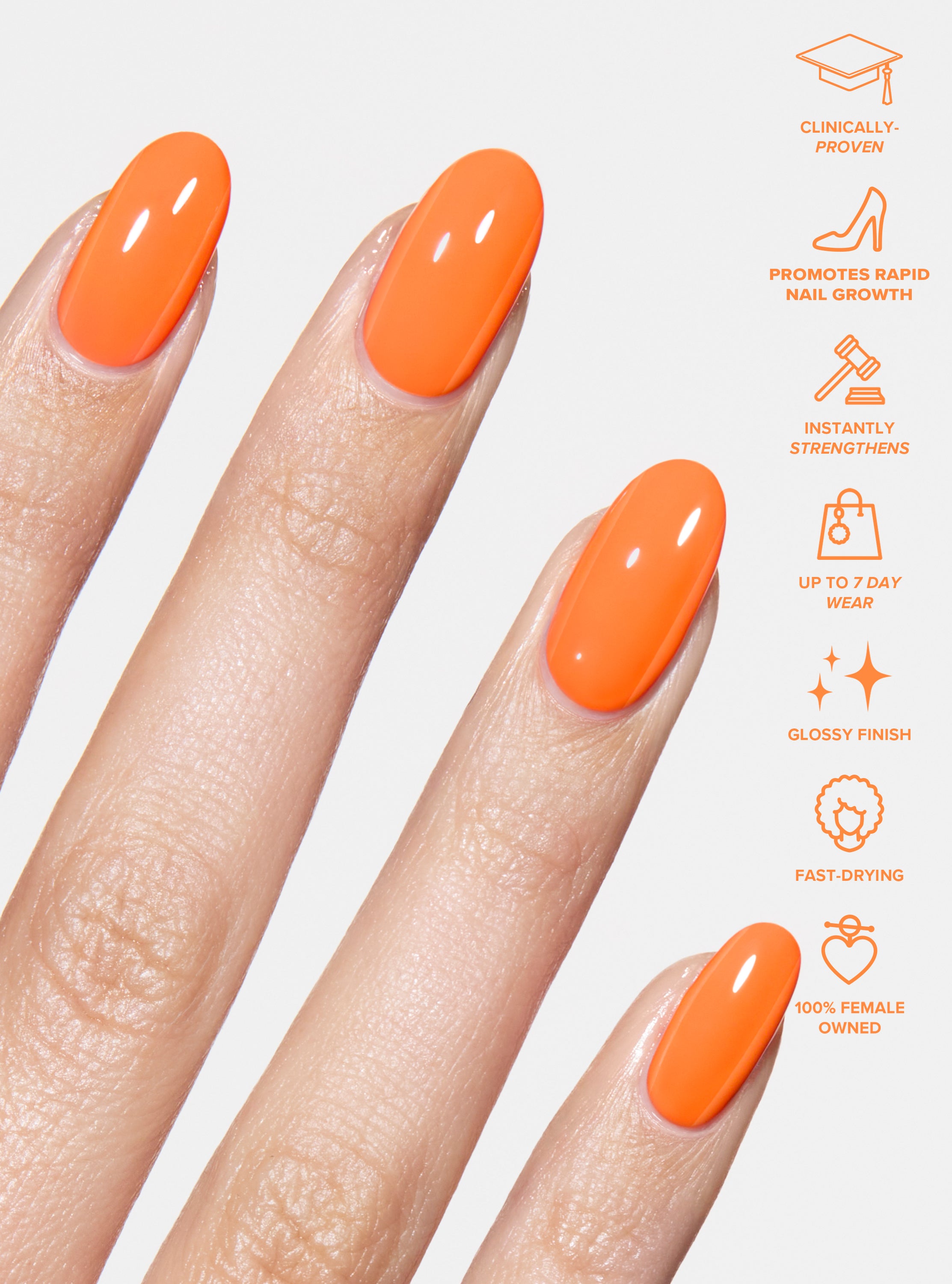 Best performing treatment nail polish, long lasting and clinically proven to create longer, stronger nails. One step nail polish. Neon orange summer nail polish