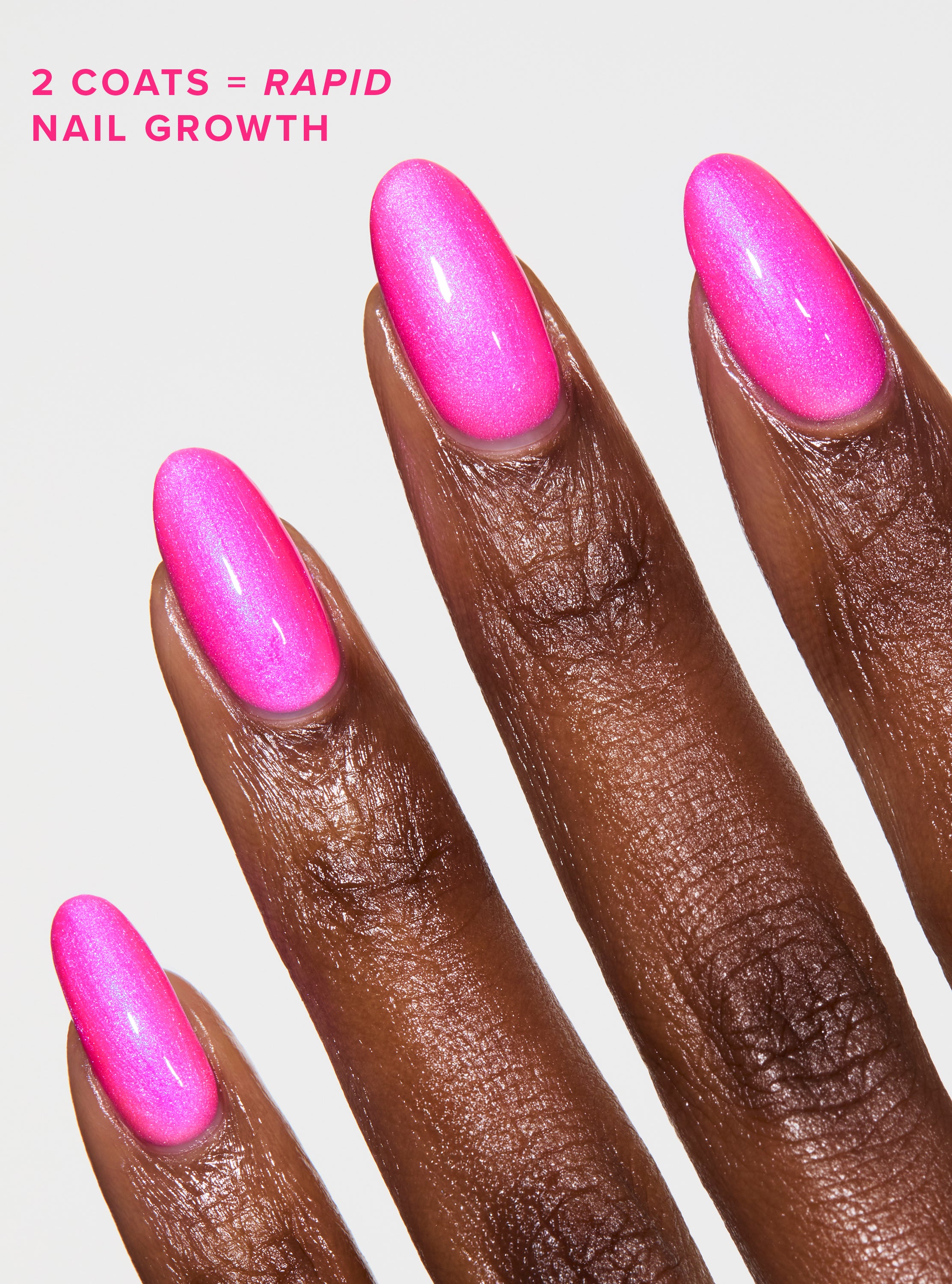 Best performing treatment nail polish, long lasting and clinically proven to create longer, stronger nails. One step nail polish. 

Neon hot pink with iridescent holographic hot pink and purple color shift