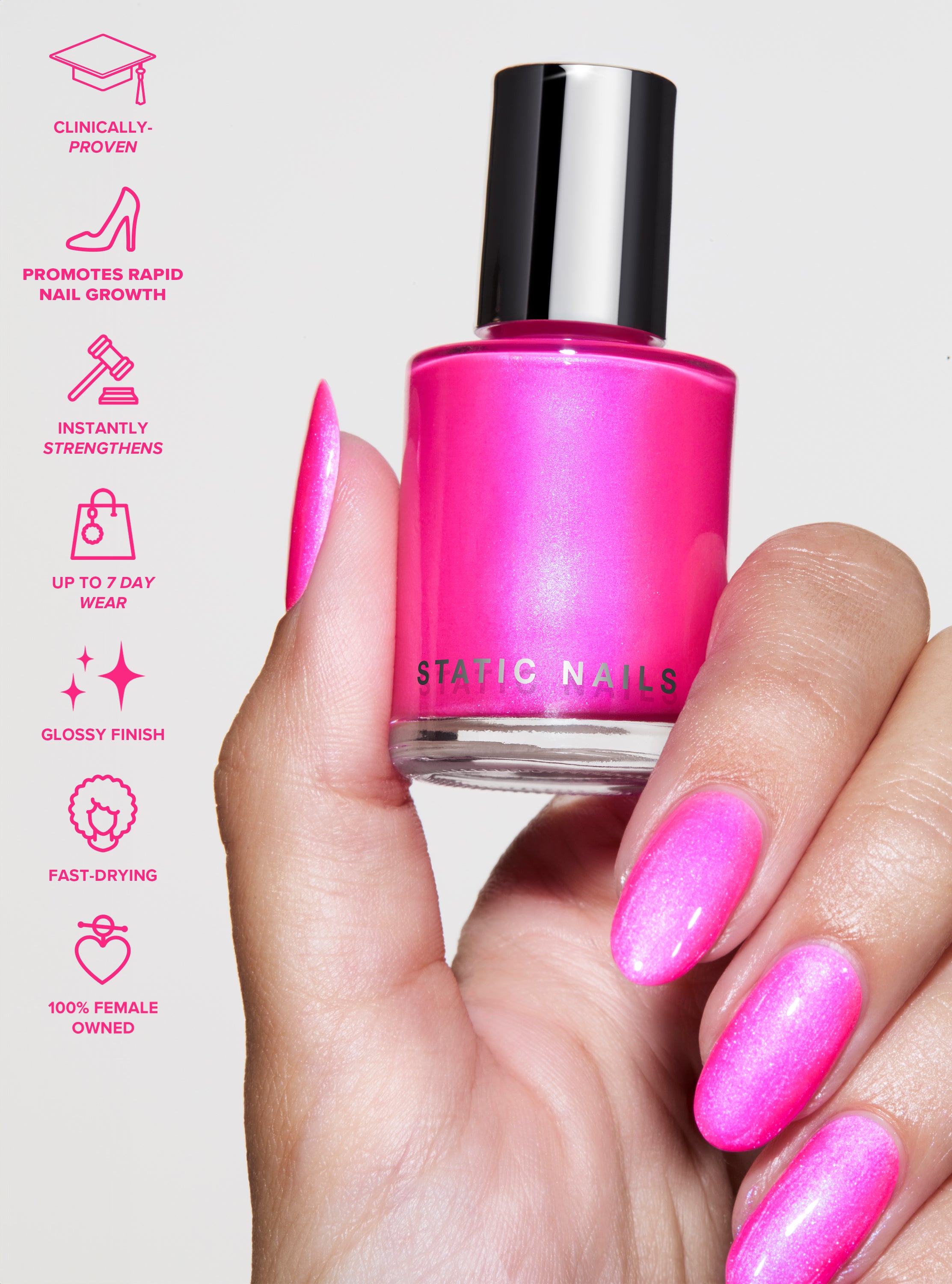 Best performing treatment nail polish, long lasting and clinically proven to create longer, stronger nails. One step nail polish. 

Neon hot pink with iridescent holographic hot pink and purple color shift