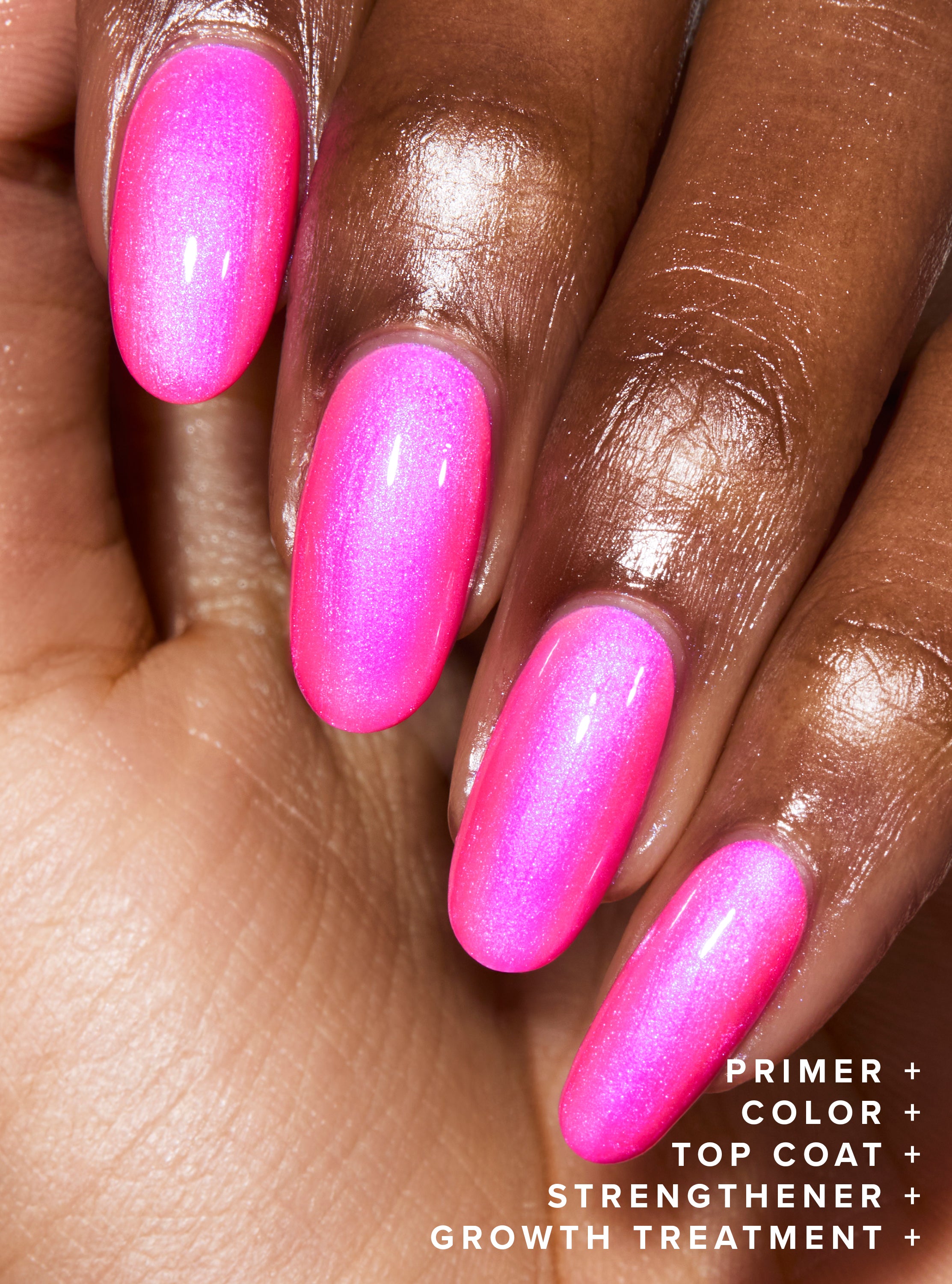 Best performing treatment nail polish, long lasting and clinically proven to create longer, stronger nails. One step nail polish. 

Neon hot pink with iridescent holographic hot pink and purple color shift