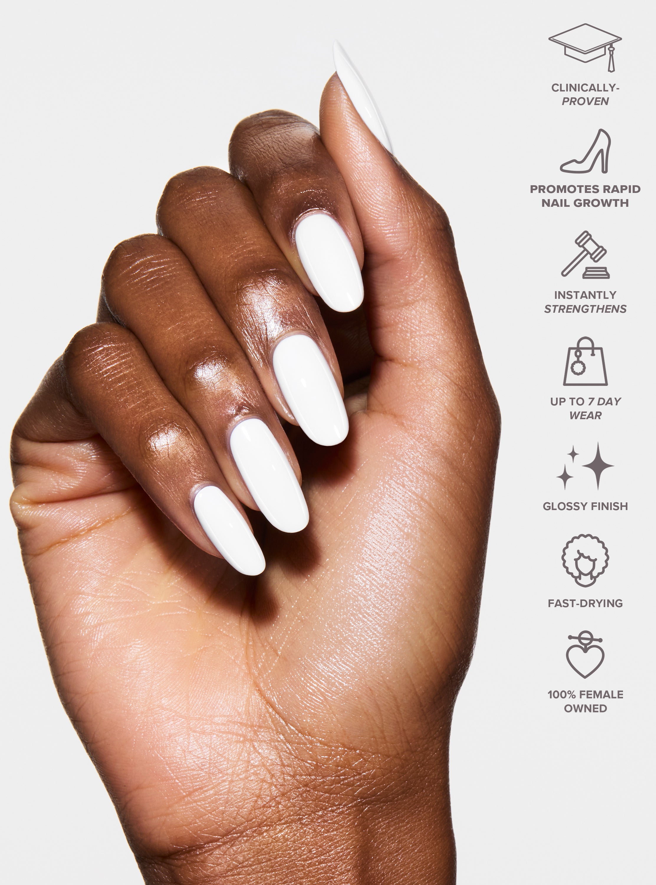 Best performing treatment nail polish, long lasting and clinically proven to create longer, stronger nails. One step nail polish. 

White nail polish, best nail polish color for a summer white
