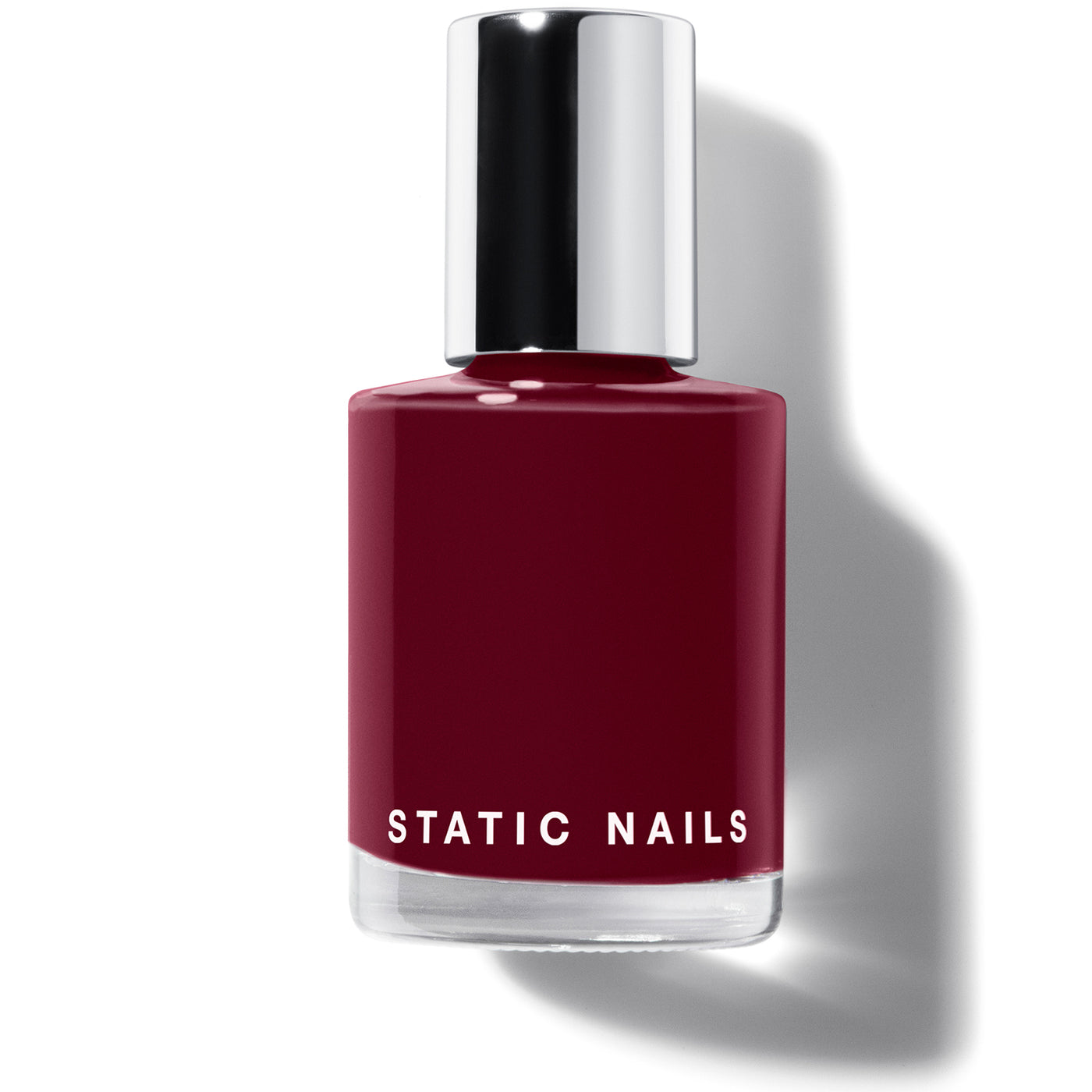 Lash_RightColumn, Red nail polish bottle with silver cap on a white background, featuring 'STATIC NAILS' branding.