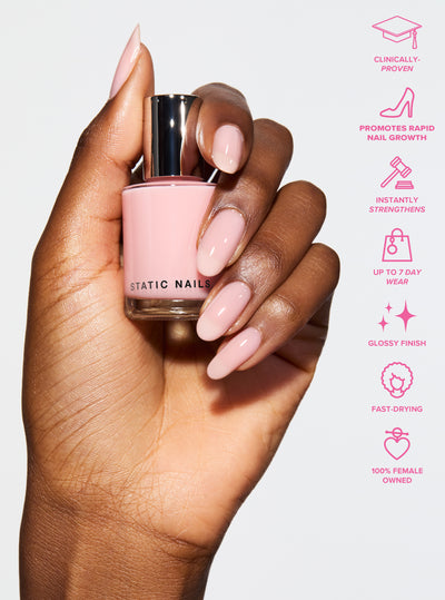 SIGNATURE PINK 5-IN-1 RAPID GROWTH NAIL TREATMENTHand with pink nail polish on a pink background