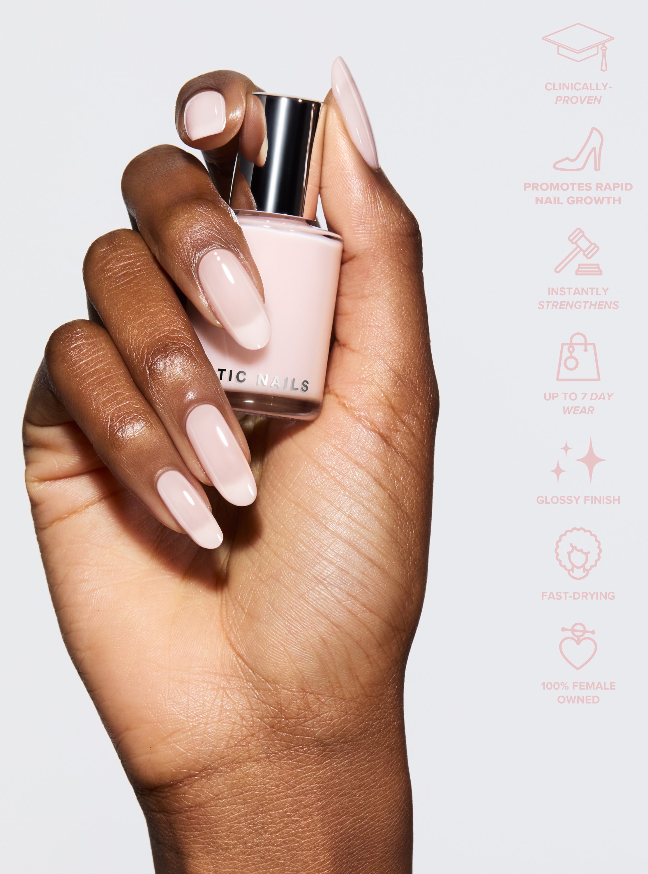 Hand holding a bottle of light pink nail polish with brand logo on a white background