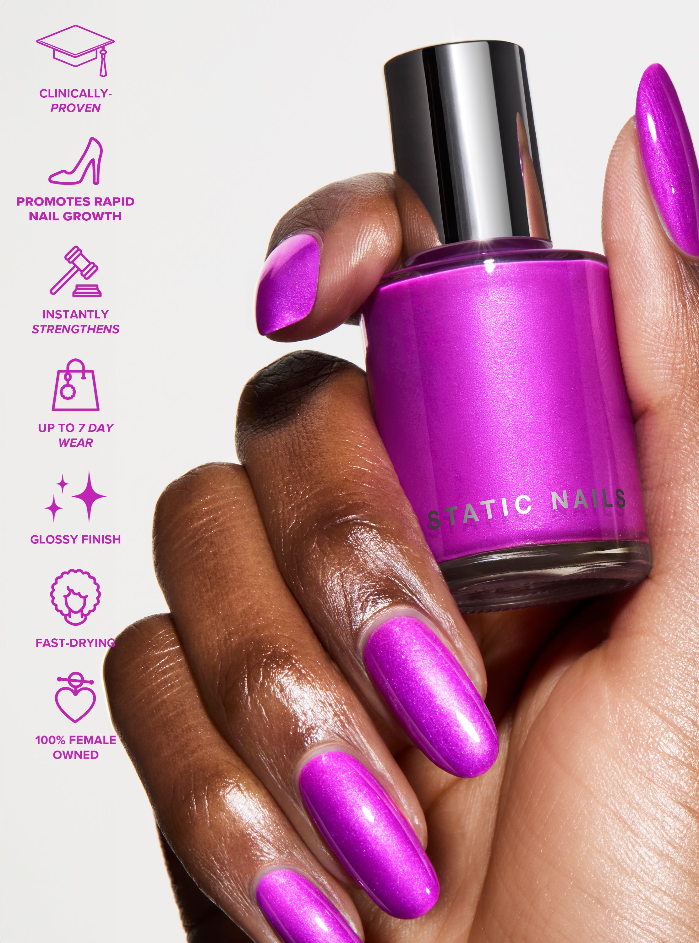 Best performing treatment nail polish, long lasting and clinically proven to create longer, stronger nails. One step nail polish. 

Neon purple with iridescent holographic hot pink color shift