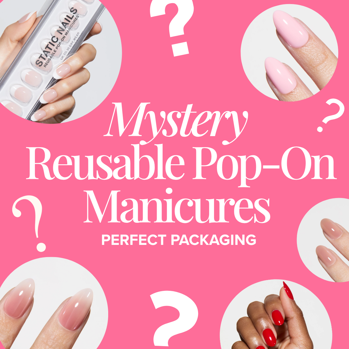 Promotional image for mystery reusable pop-on manicures with pink background and nail images.Lash_RightColumn, 