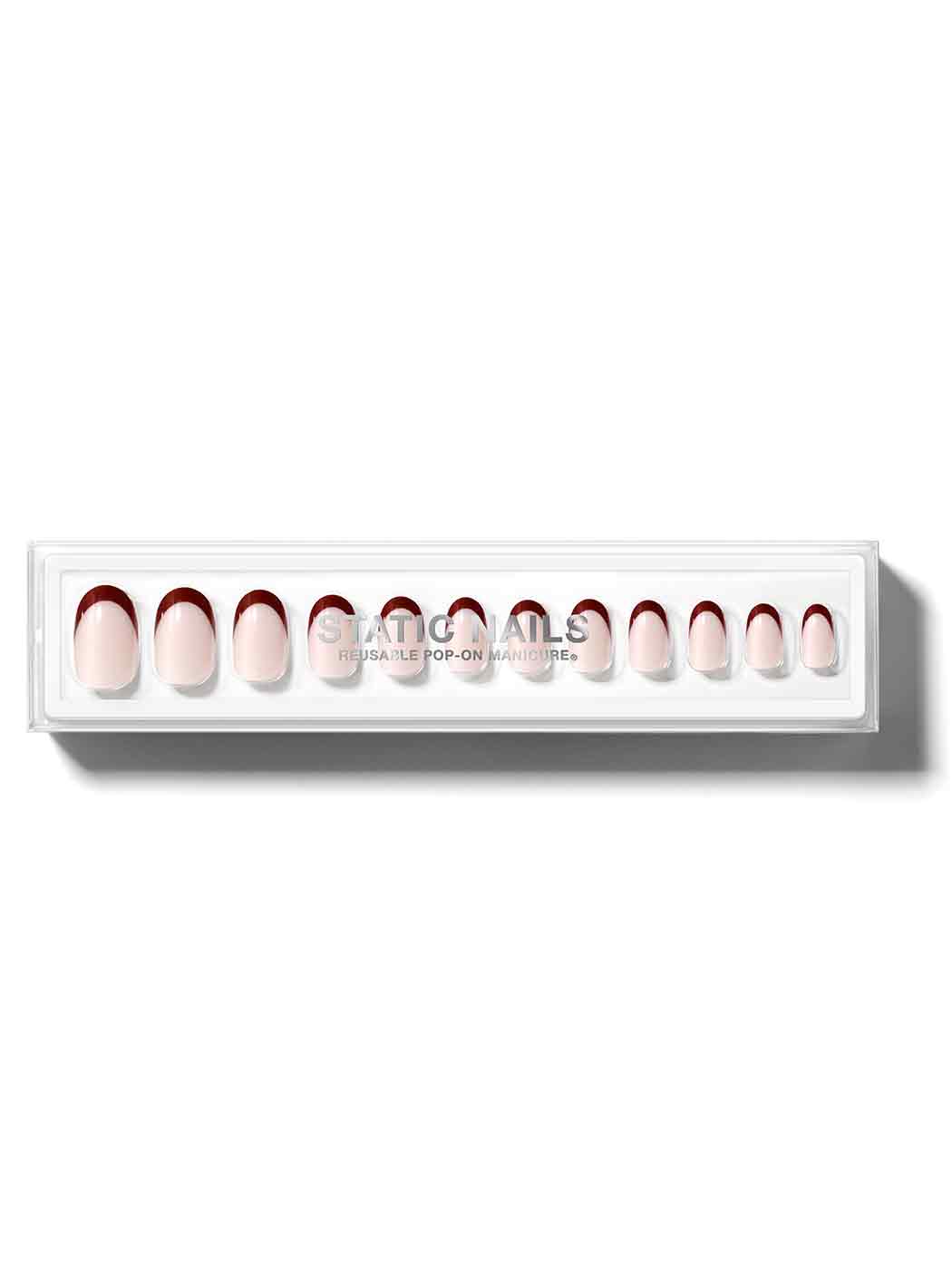 Wine red french manicure in round shape,