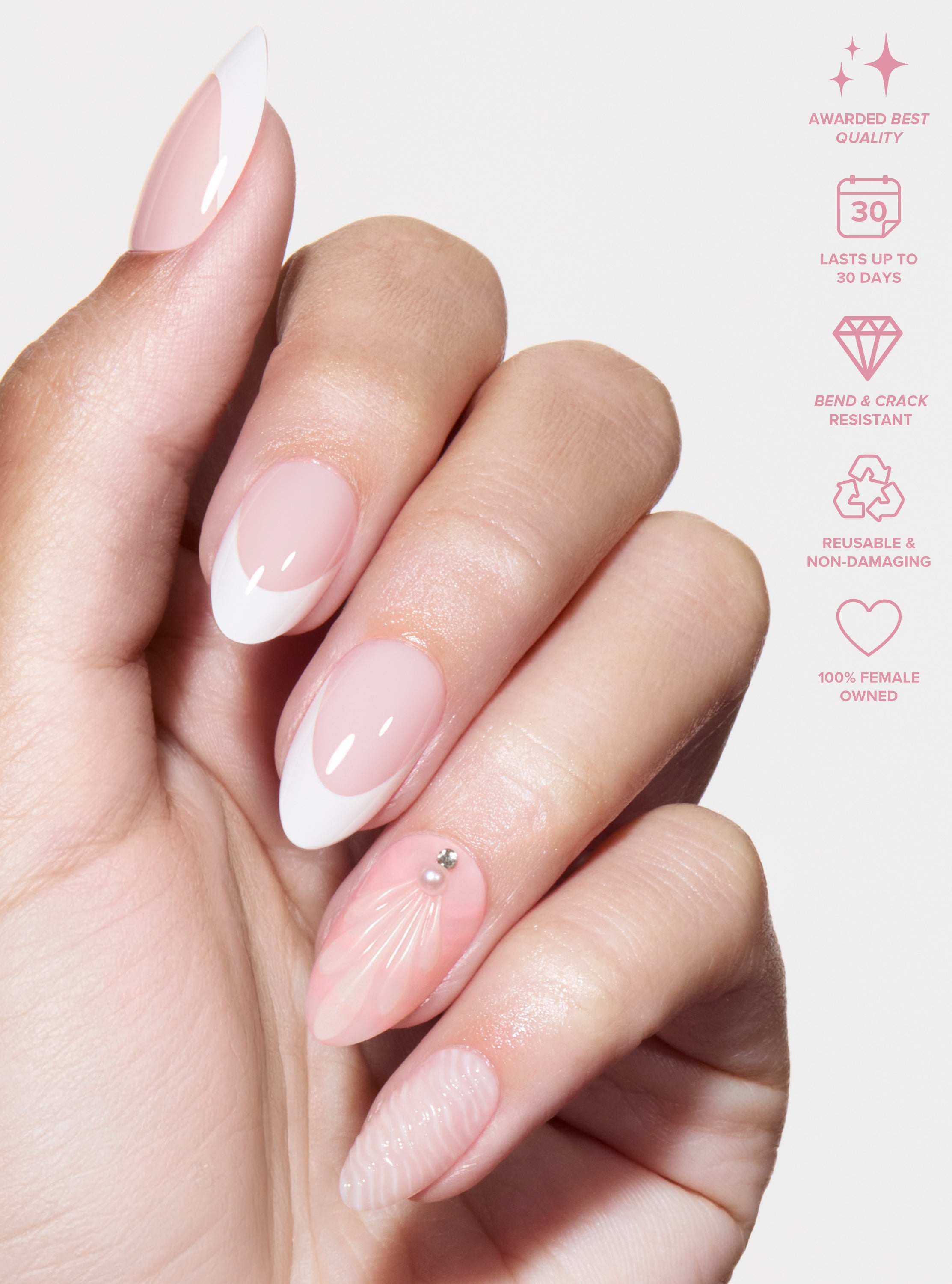 The best, most durable press-on nails. White french manicure design with 3D shell print nails