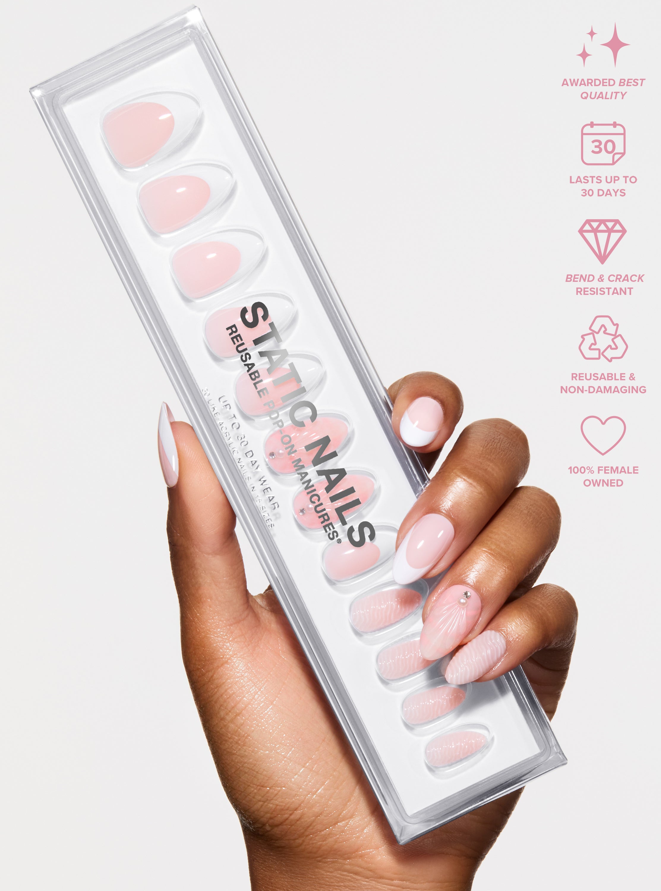 The best, most durable press-on nails. White french manicure design with 3D shell print nails