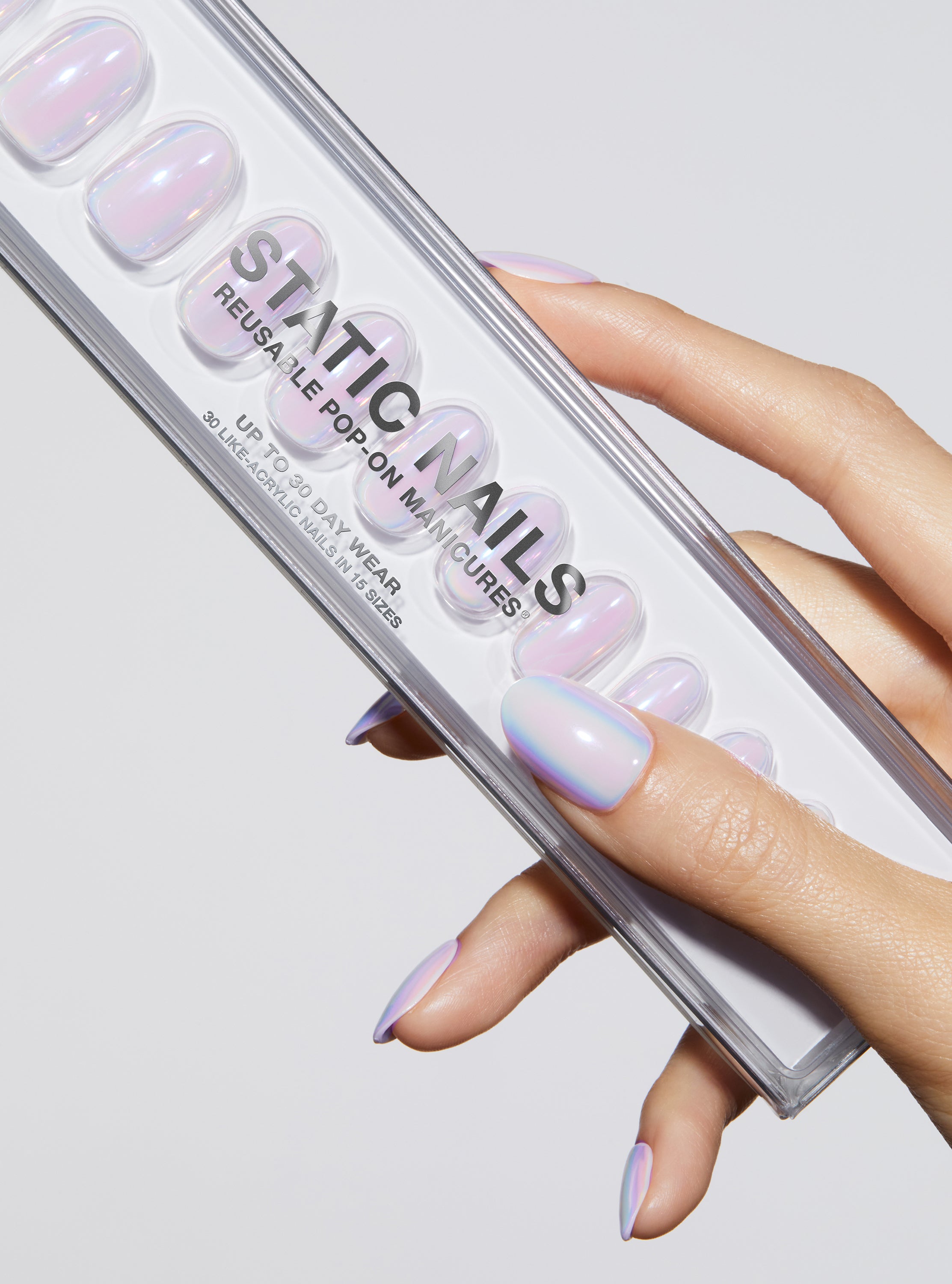 Lavender holographic effect manicure in round shape,