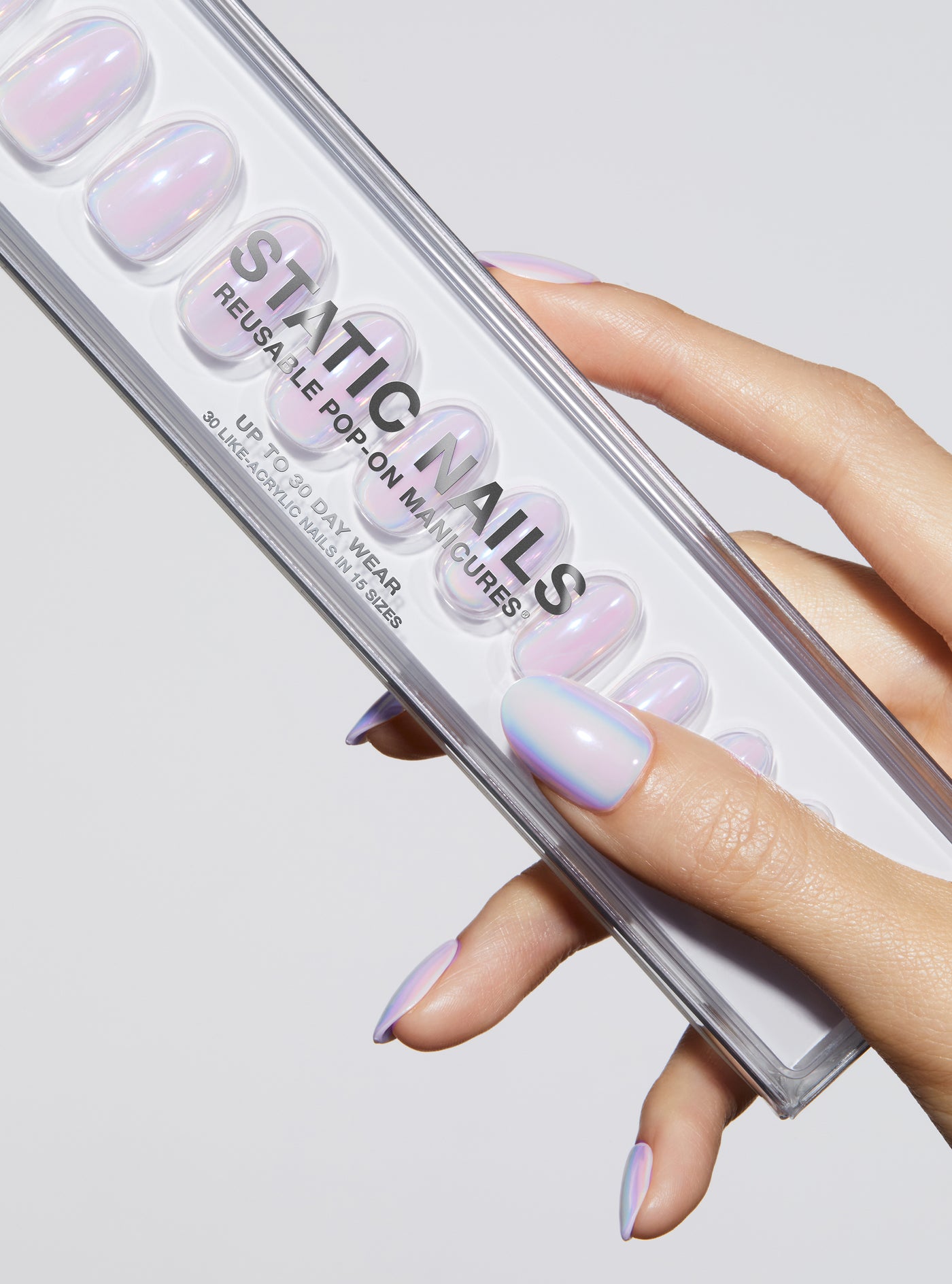 Lavender holographic effect manicure in round shape,