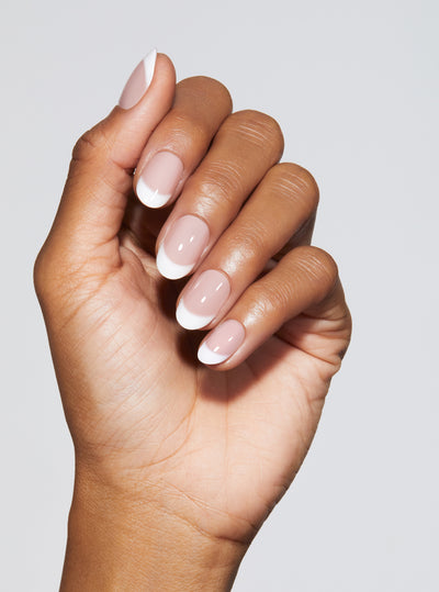 Classic white french manicure in round shape,