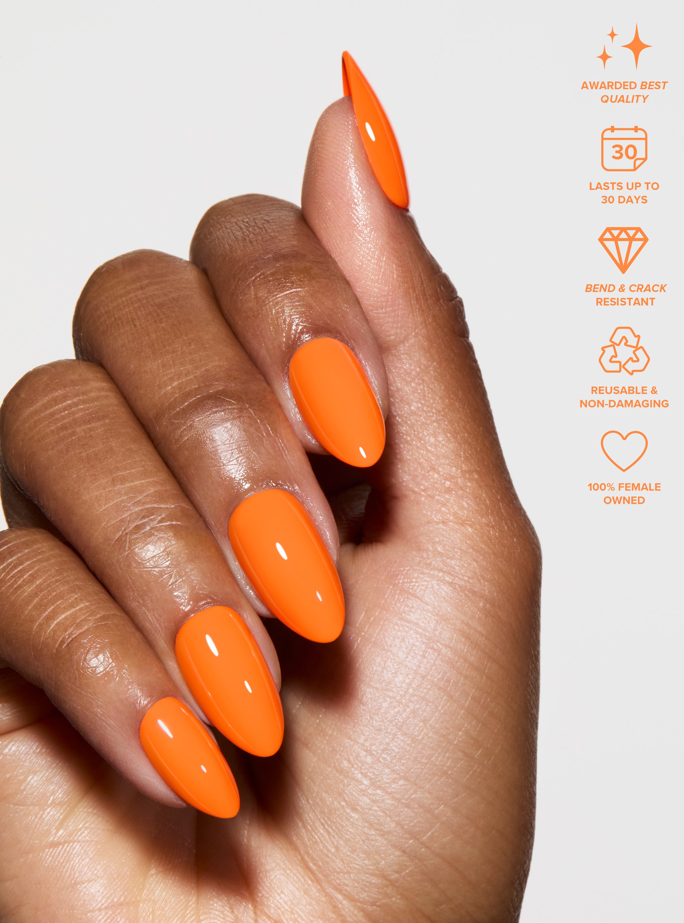 The best, most durable press-on nails. Neon orange almond nails