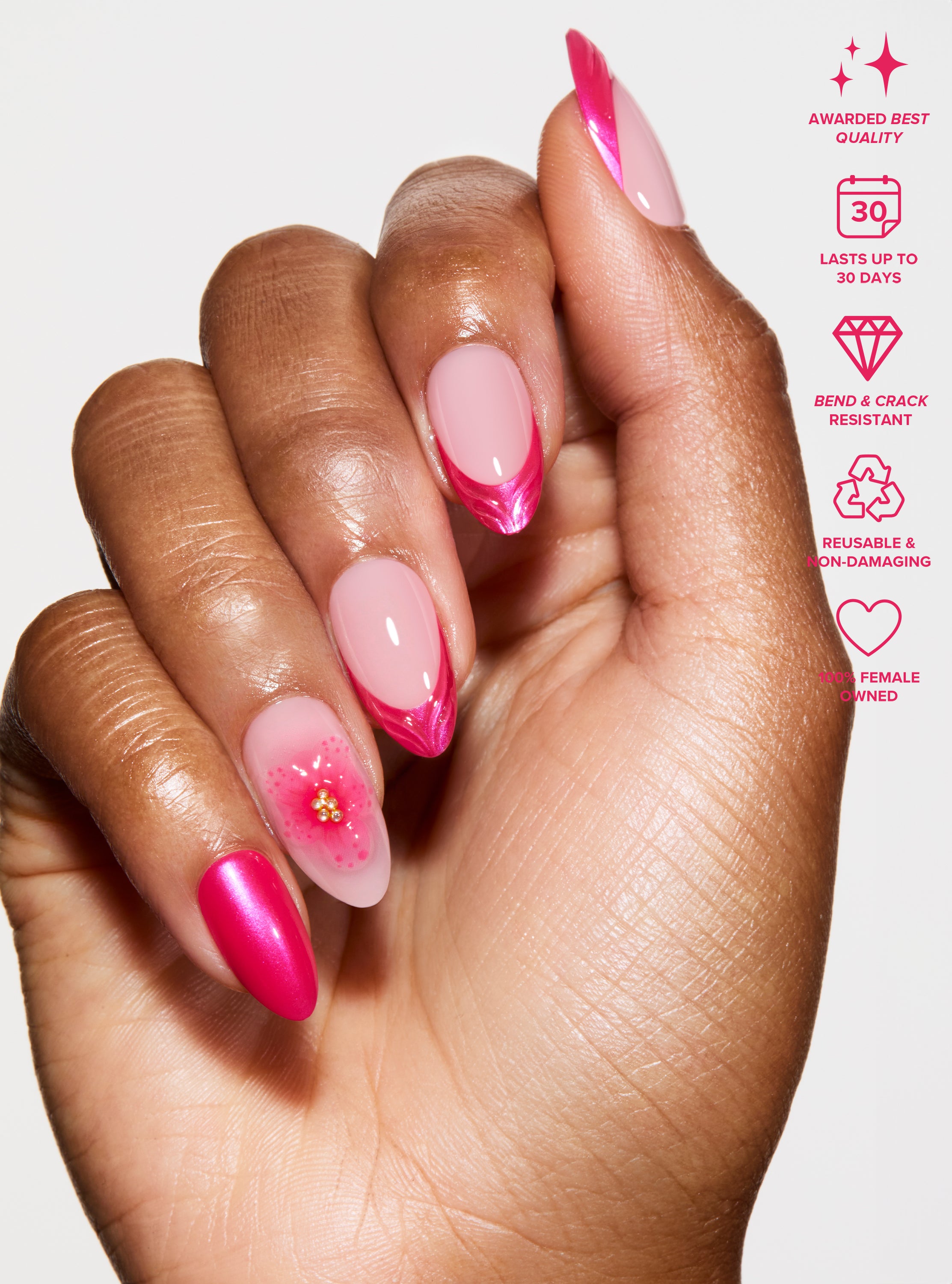 The best, most durable press-on nails. french manicure design with hot pink 3D shell french tip and 3D floral accent nail