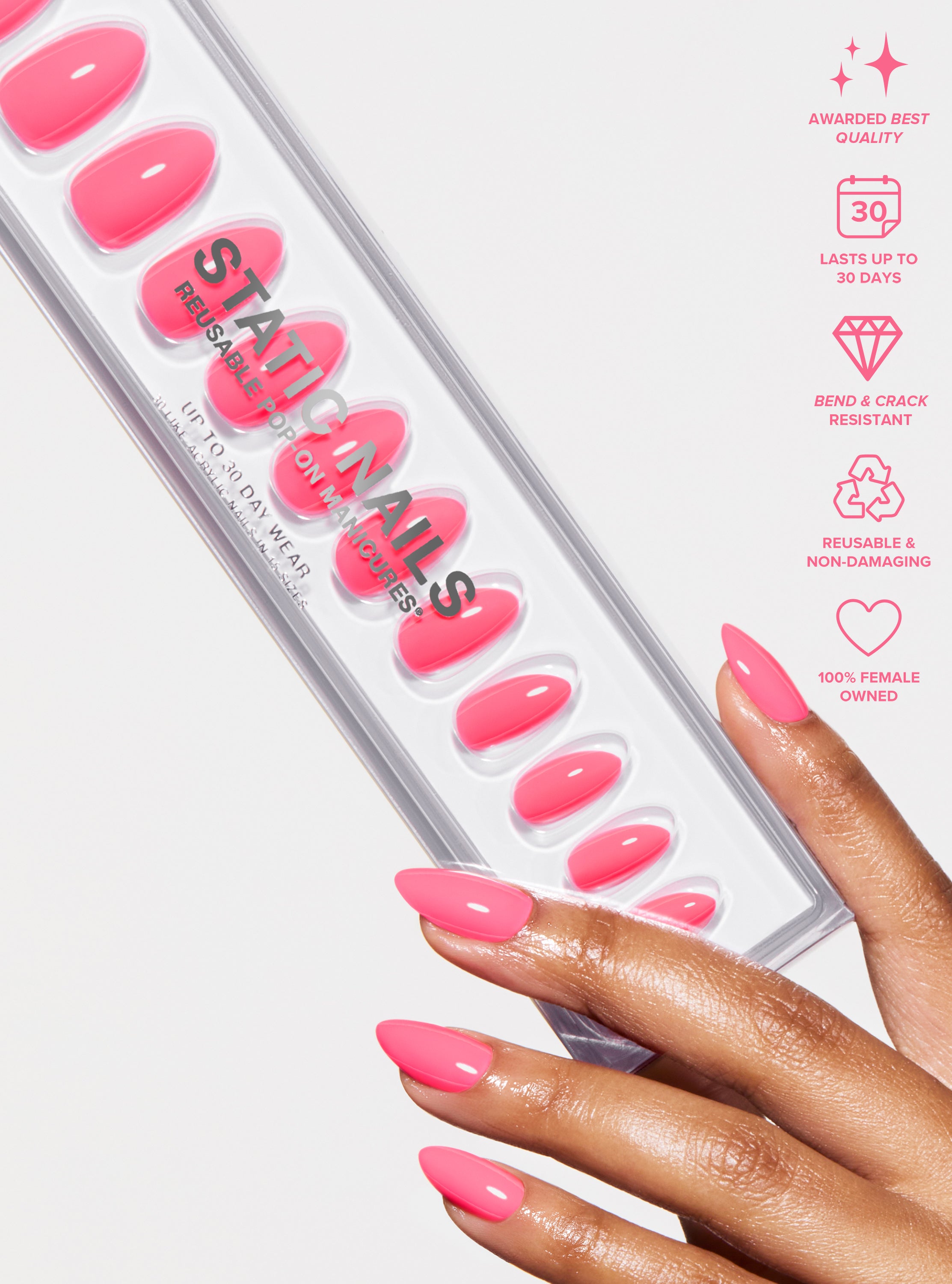 The best, most durable press-on nails. Neon pink almond nails