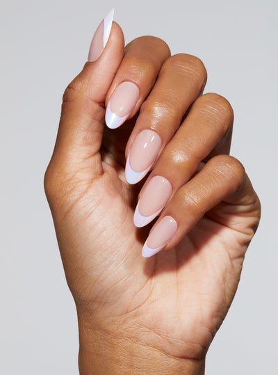 Iridescent holographic french manicure in almond shape,