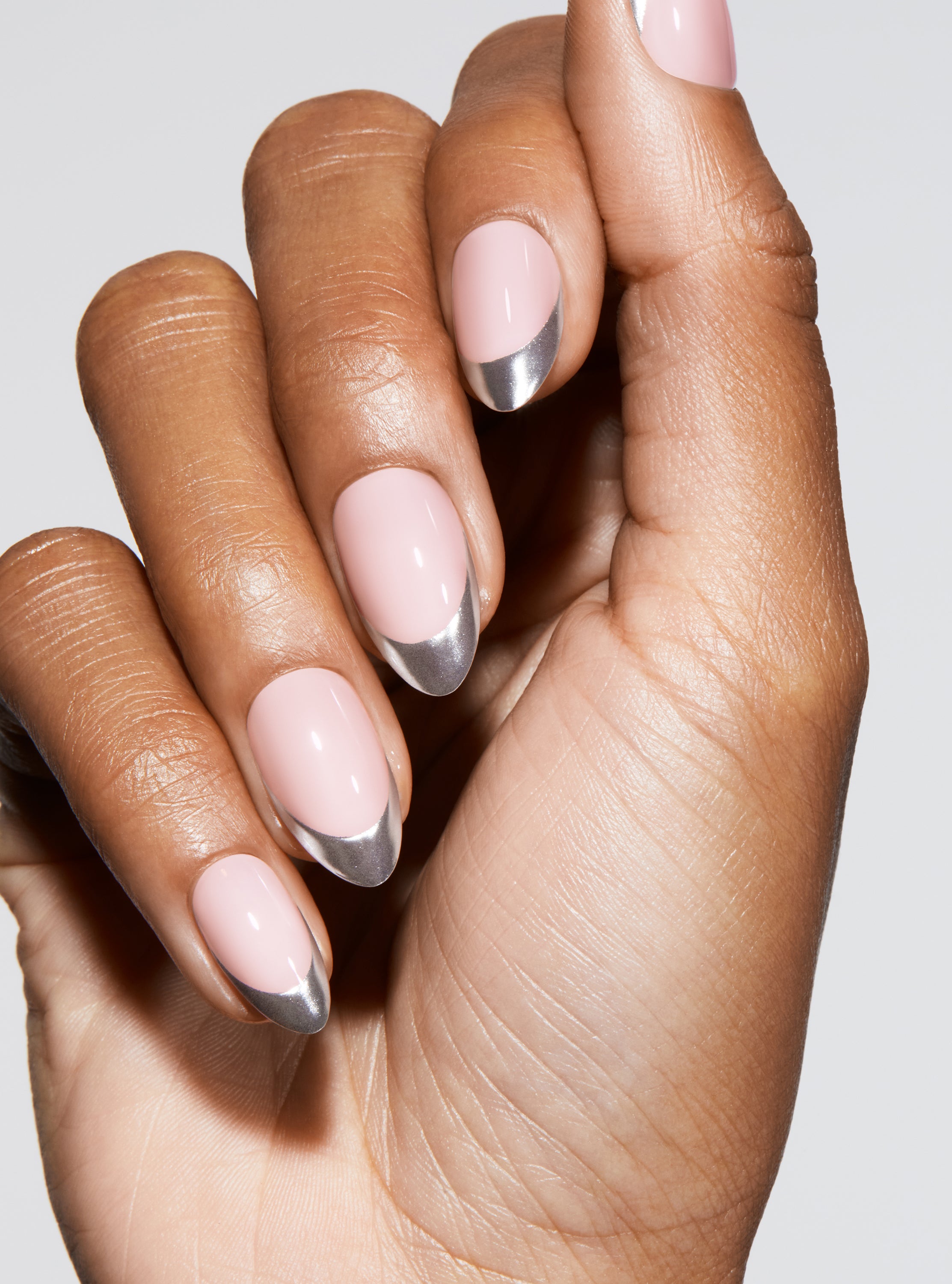 Light nude pink base with metallic french Almond Pop-On Nail