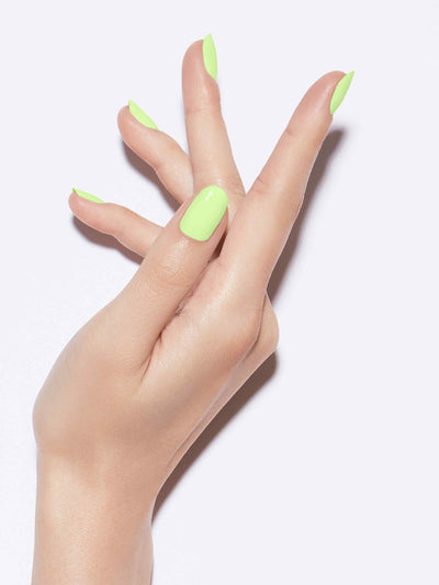 Neon pastel yellow/green full-coverage nail polish, Light