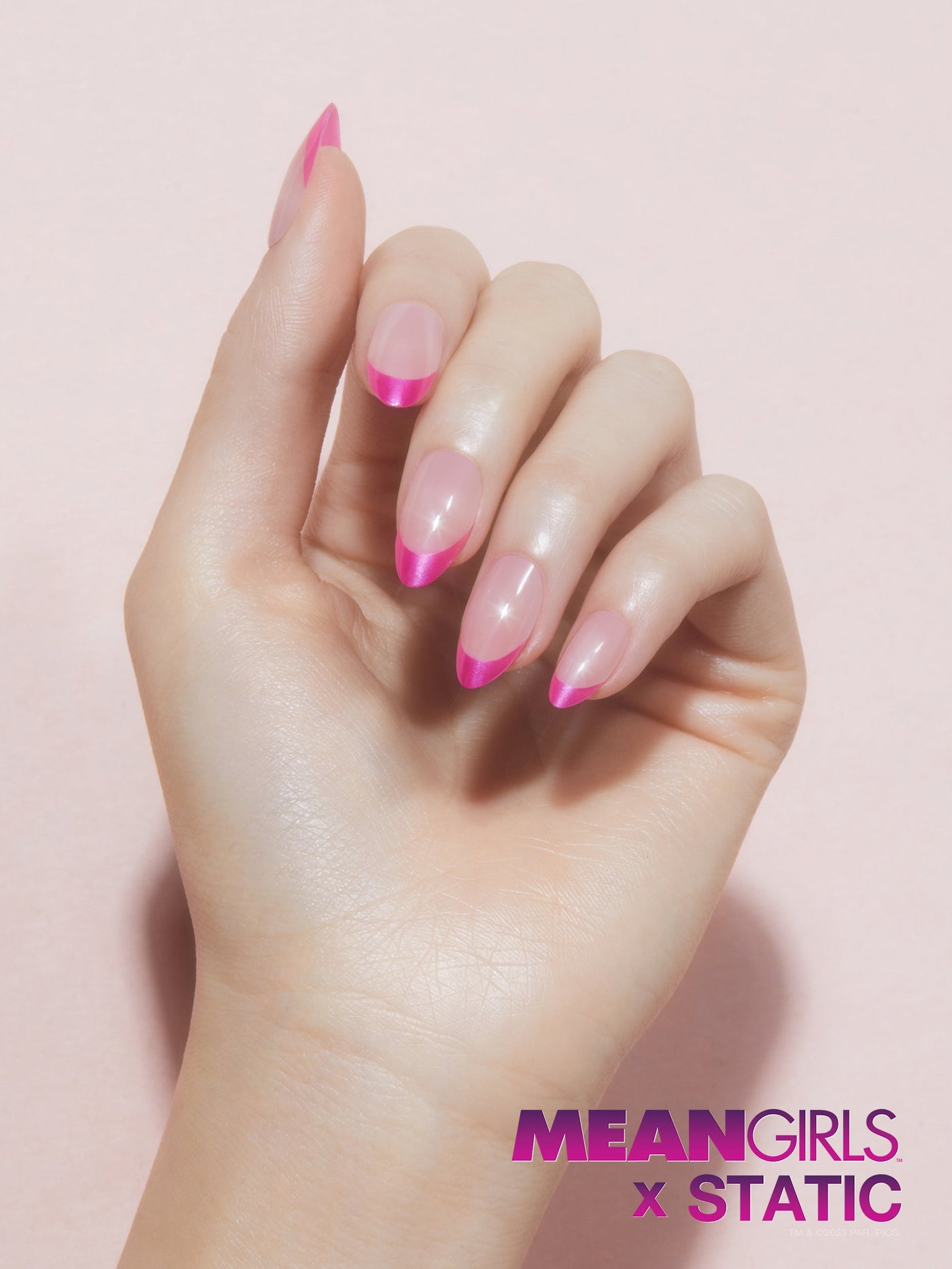 Nude nail with buffed chrome hot pink french tip