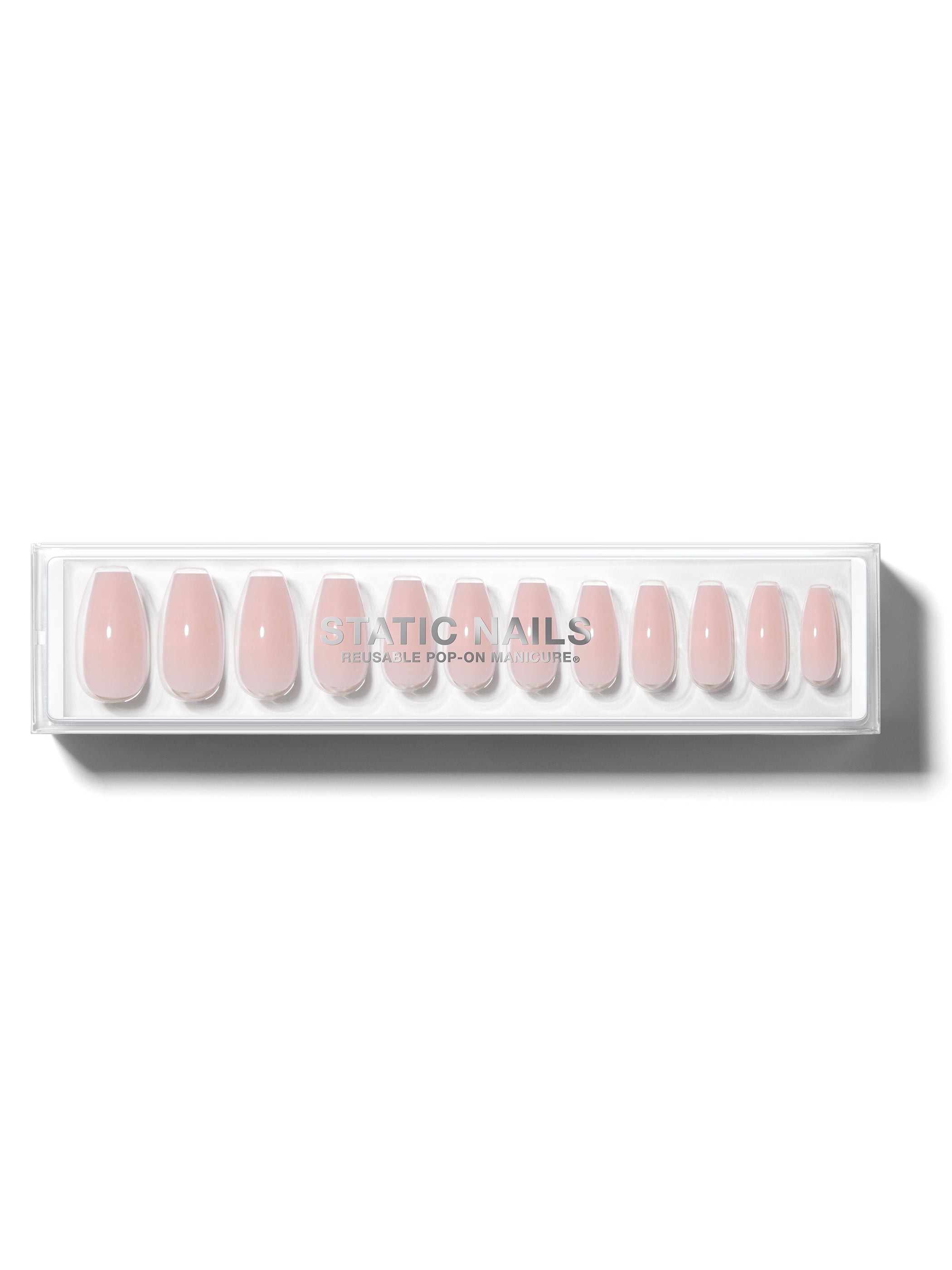 Cool toned baby pink manicure in long coffin shape,