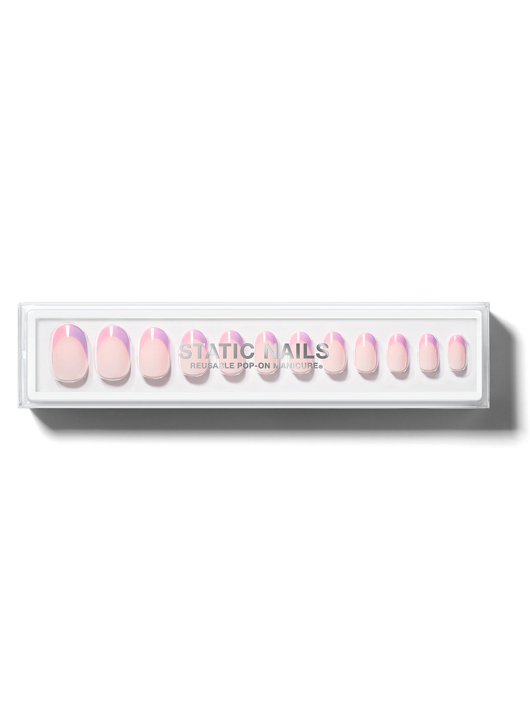 PInk to purple vertical ombre french manicure in round shape,