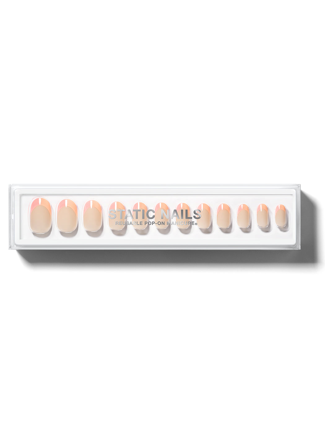 Pink to orange vertical ombre french manicure in round shape,
