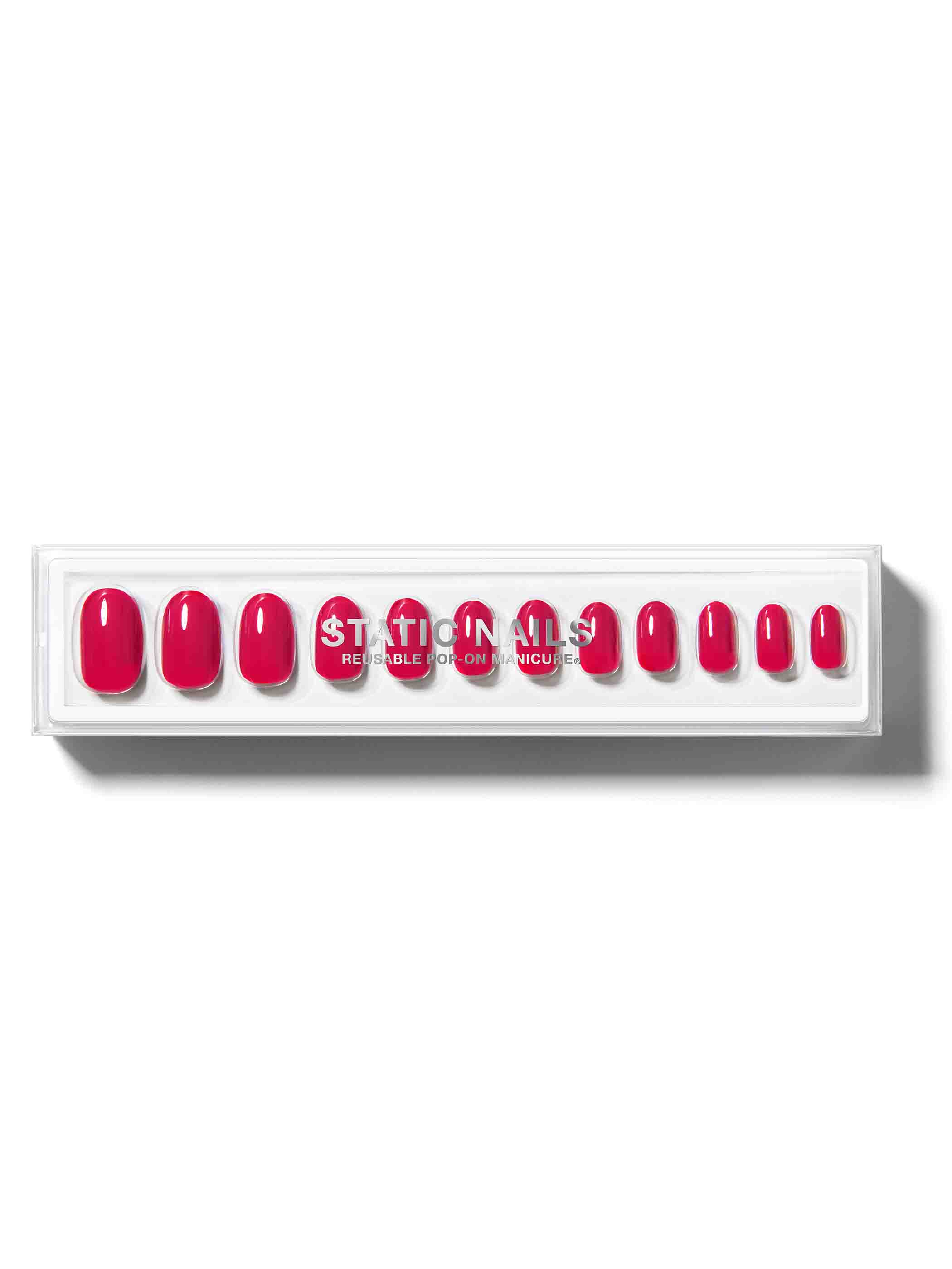 Bright pink-red manicure in round shape,