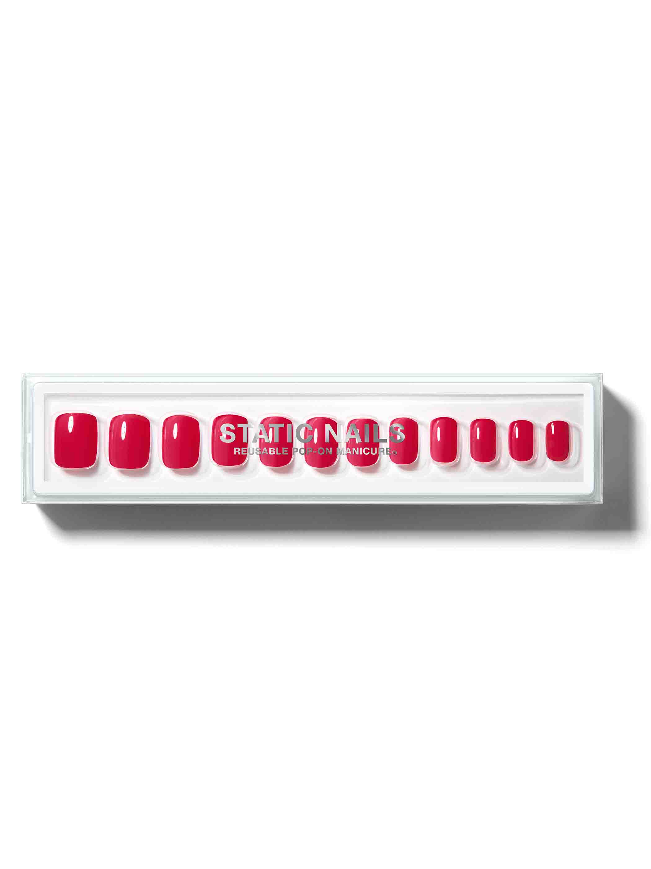 Bright pink-red manicure in short square shape,