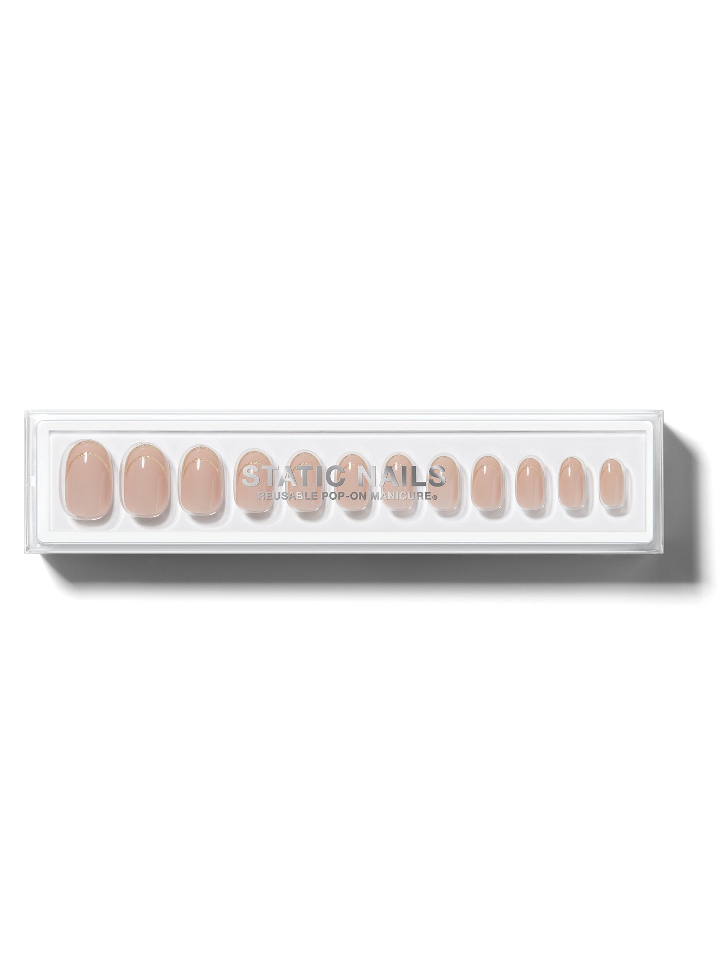 Nude base with metallic gold double french on all nails in round shape,