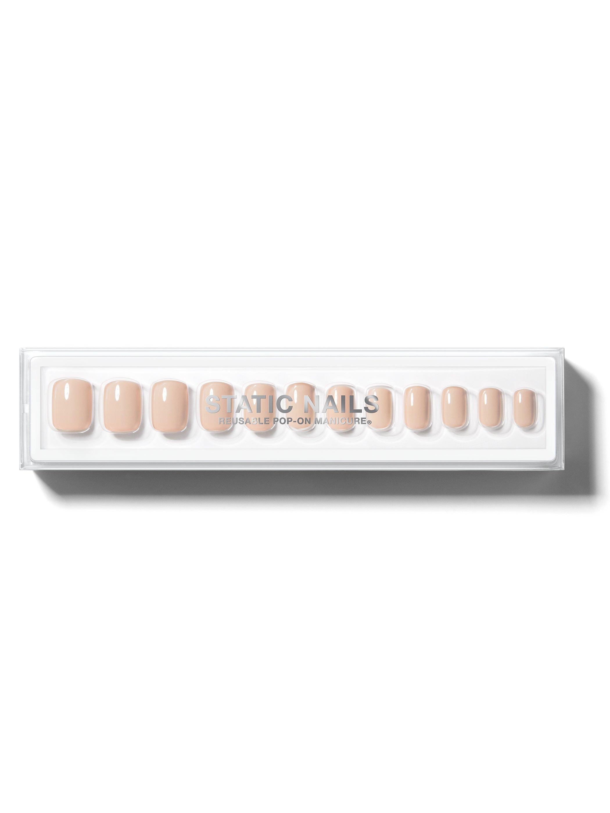 Soft nude manicure in short square shape,