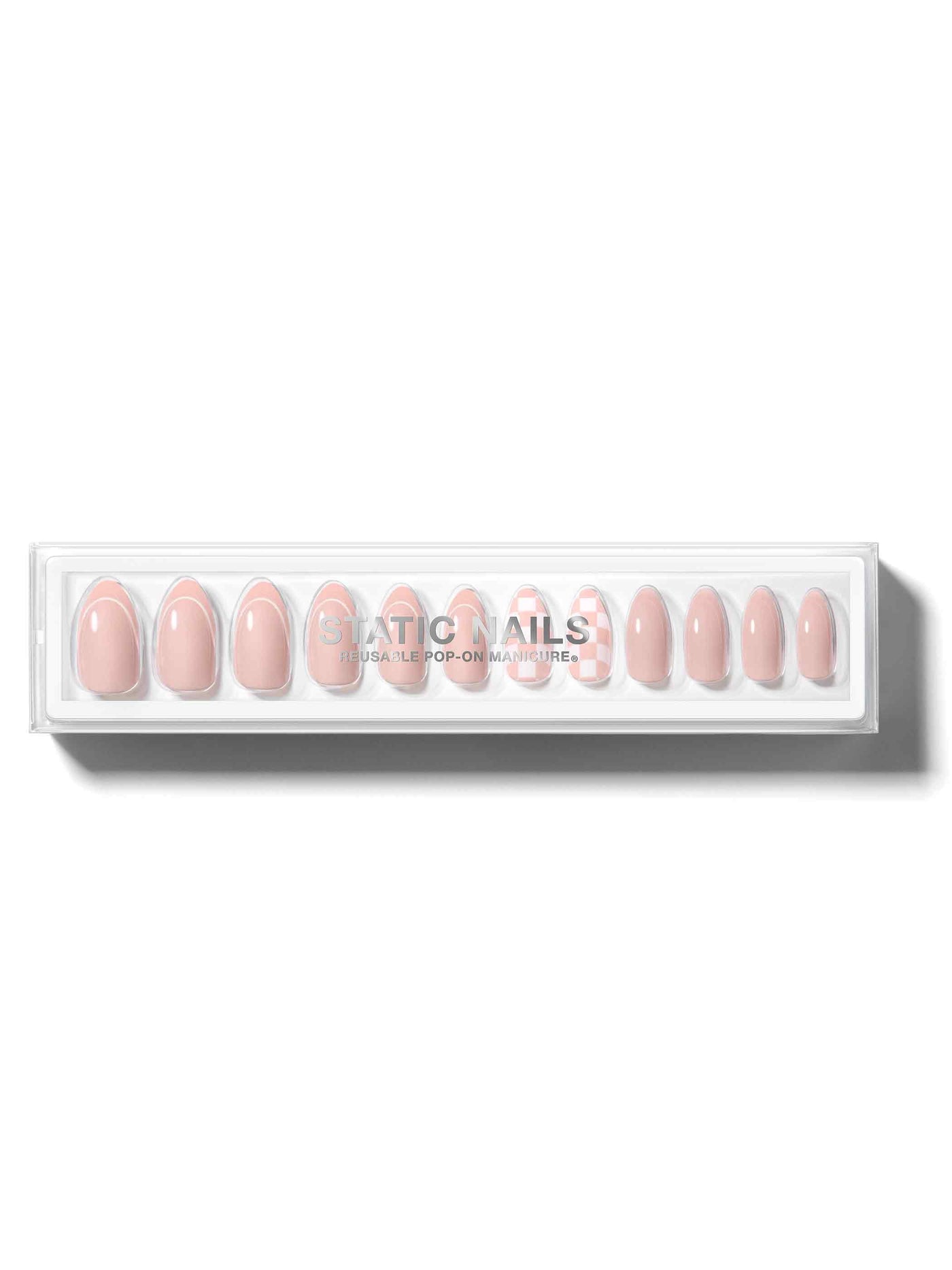 Nude-pink french manicure with nude and white checkered accent nails in almond shape,