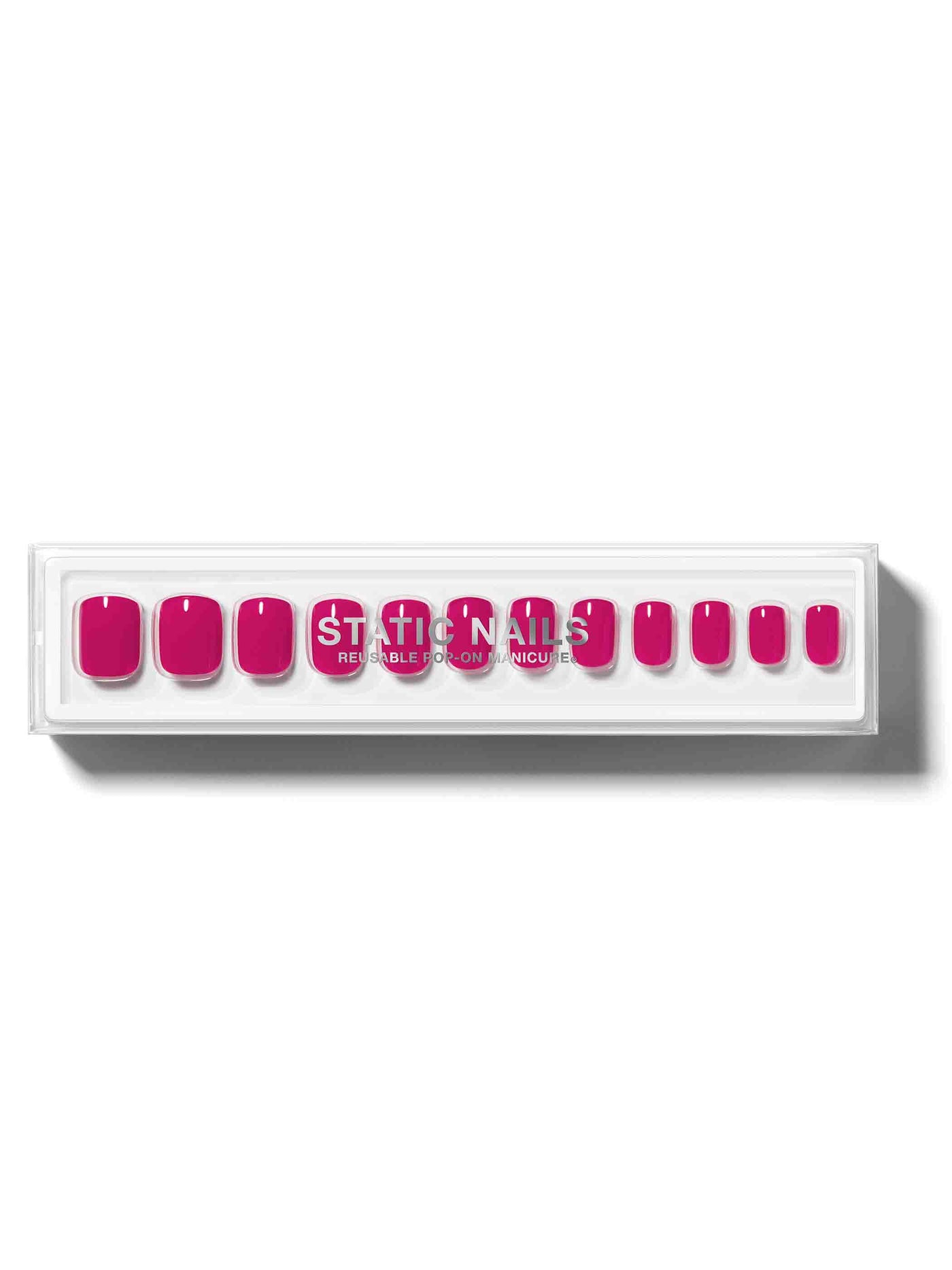 Magenta pink manicure in short square shape,