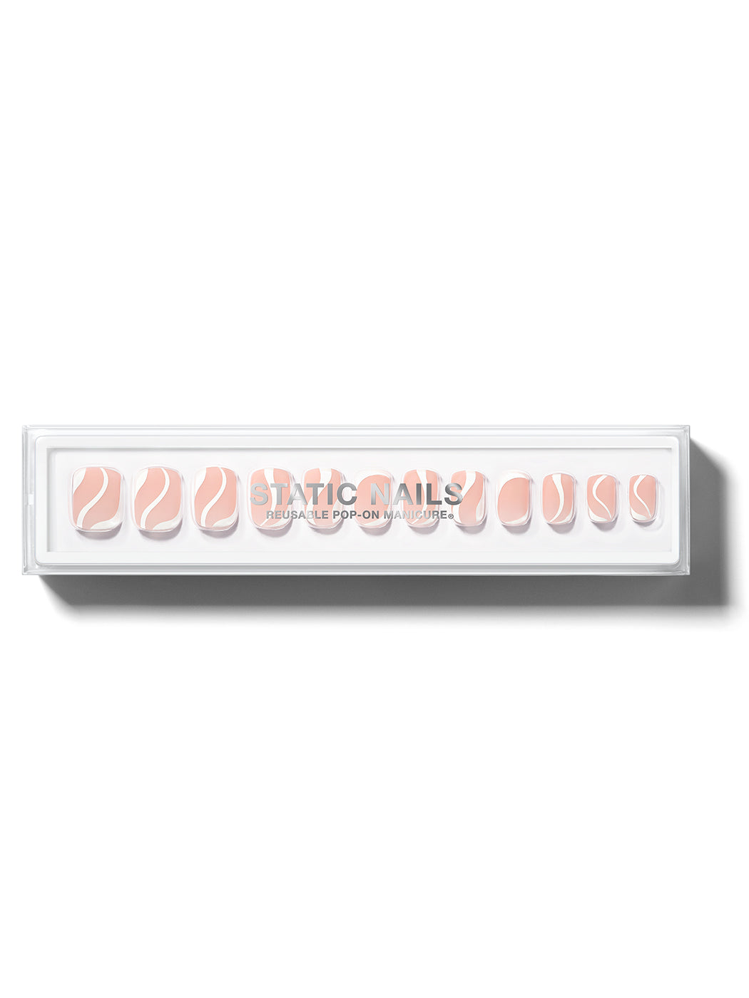 Nude base with white swirl design on all nails in short square shape,