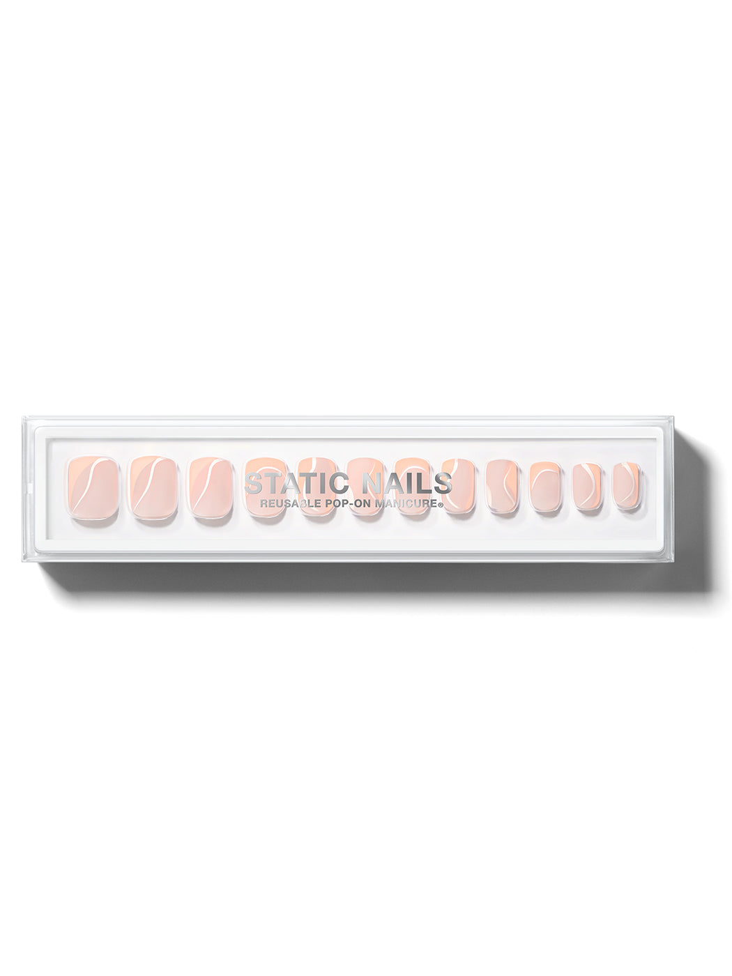 Pink base with soft peach swirls on all nails in square shape,
