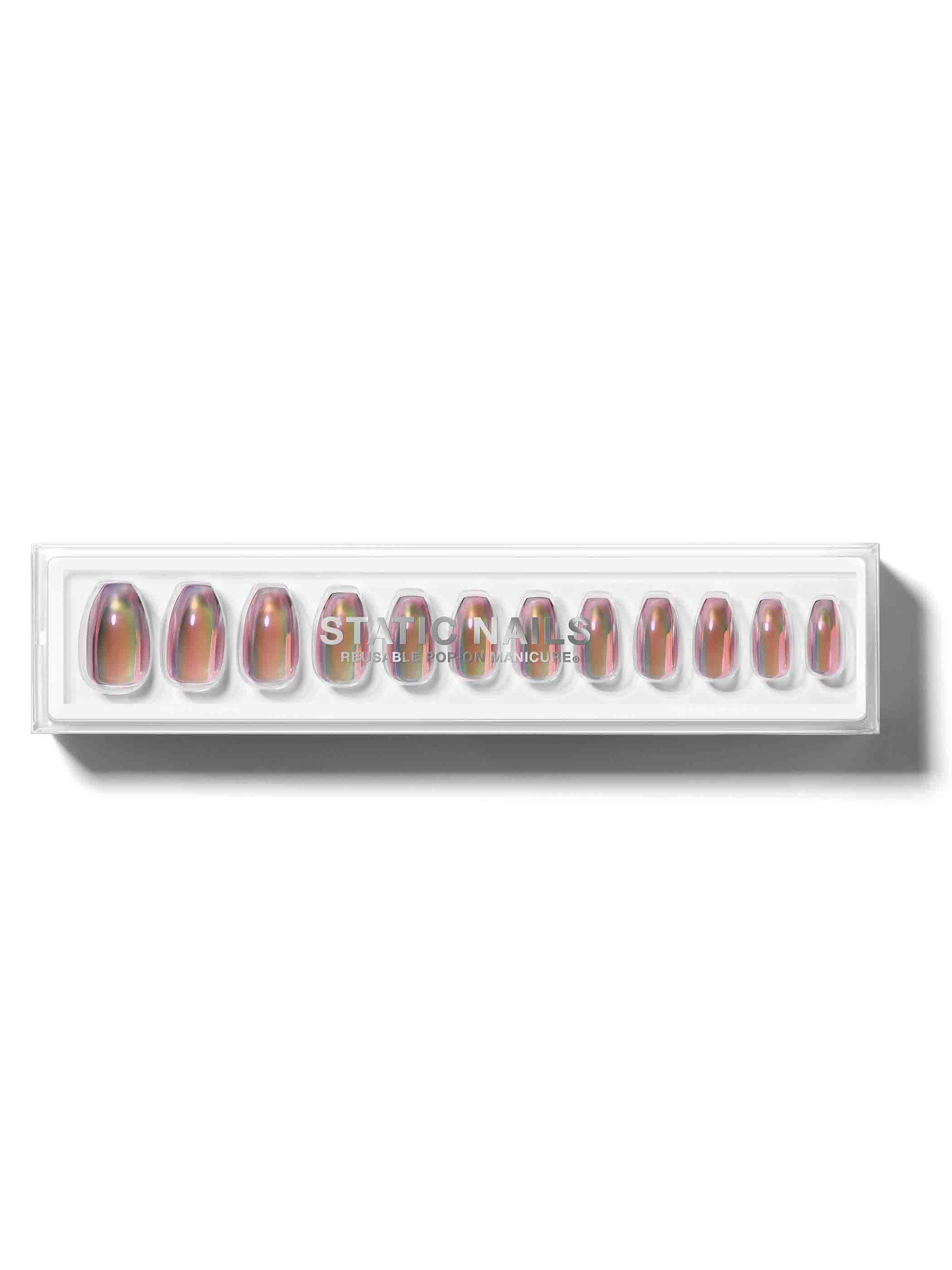 Sheer dark holographic manicure in coffin shape,