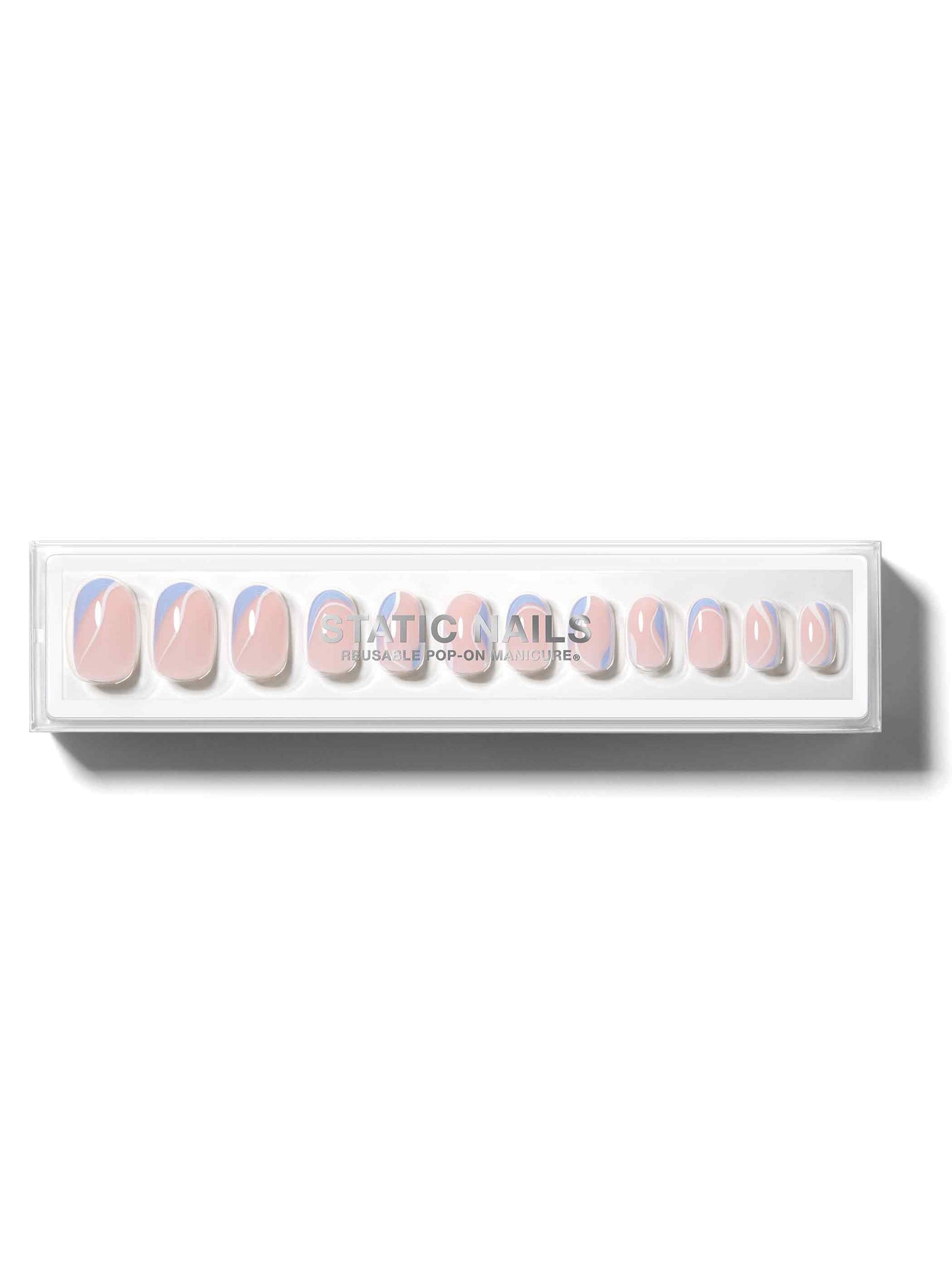 Pink base with soft blue and white swirls on all nails in round shape,