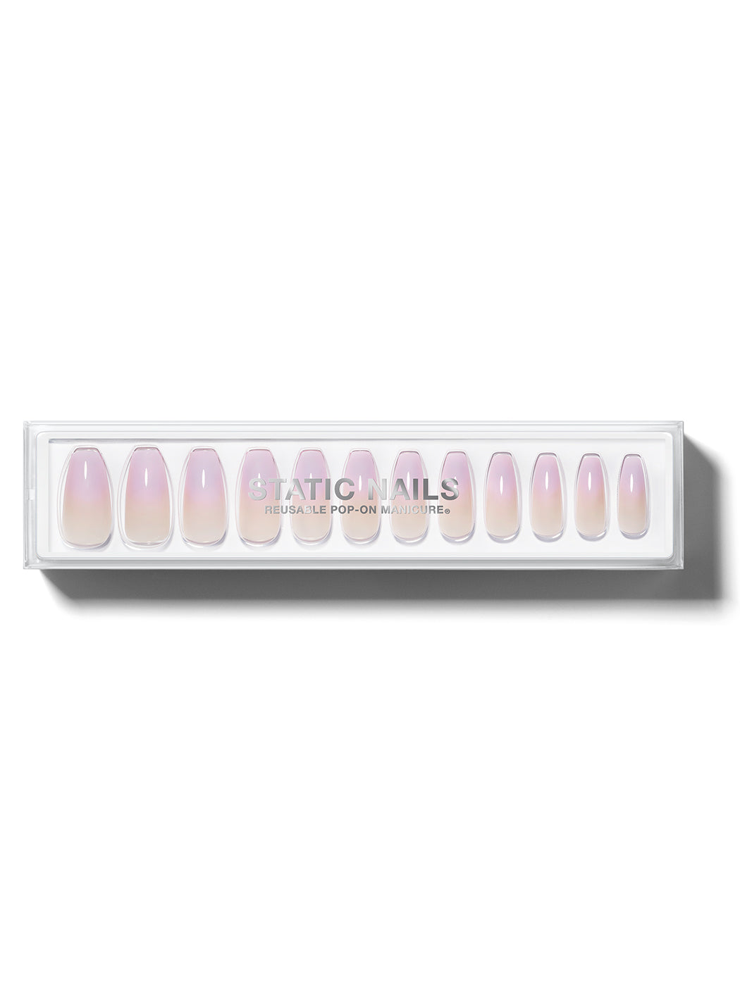 Pink to lavender ombre french manicure in long coffin shape,