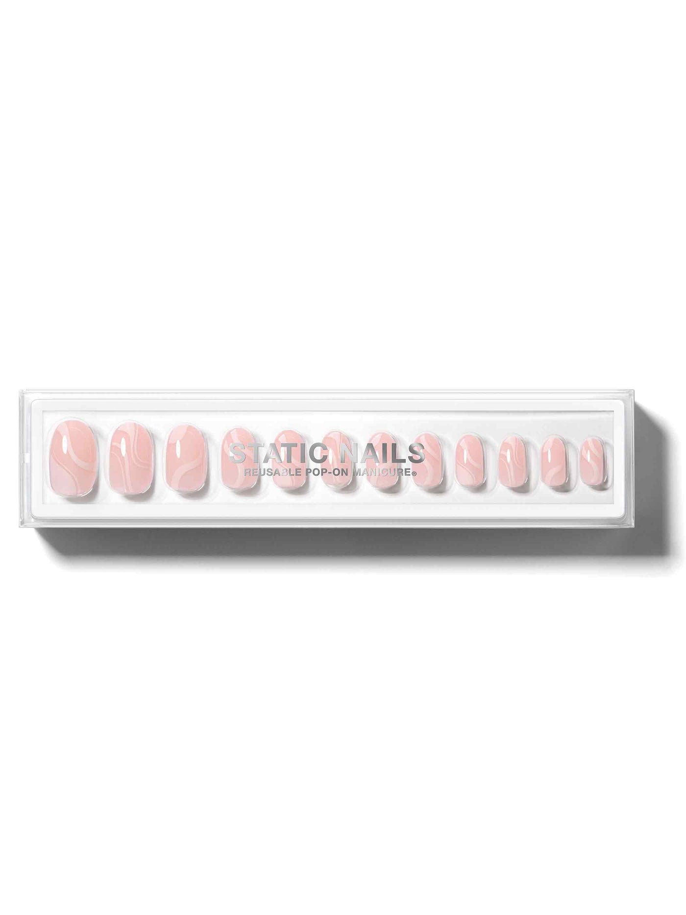 Soft pink wave design on all nails in round shape,