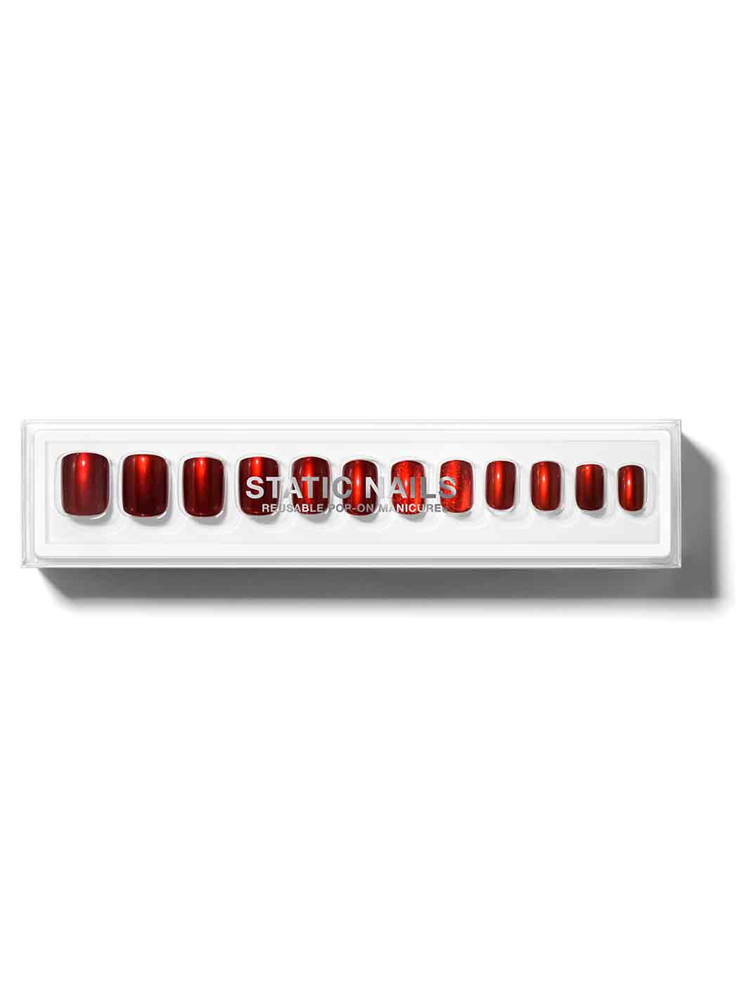 Satin red manicure with cat-eye accent nails in short square shape,
