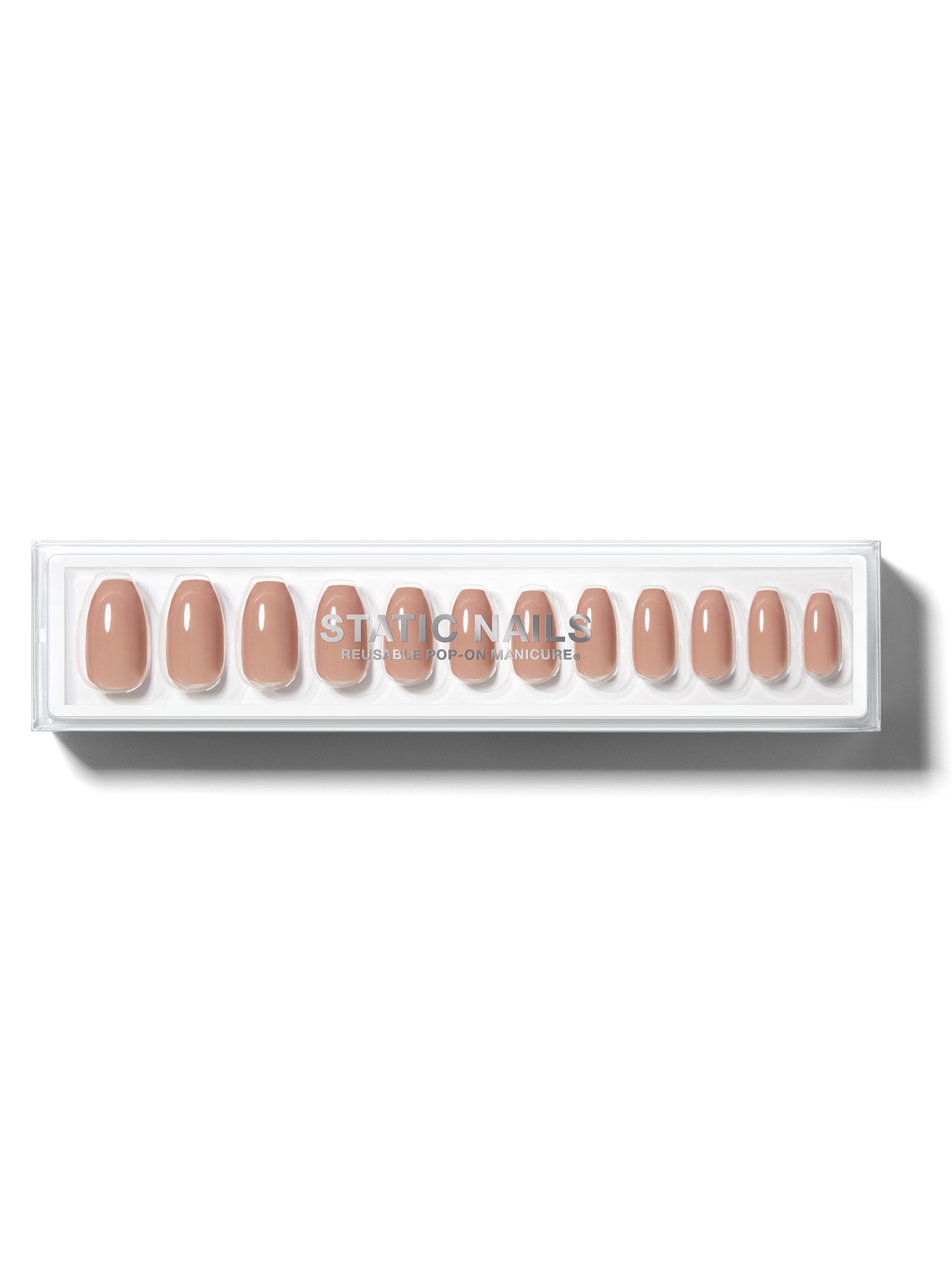 Nude-brown manicure in coffin shape,